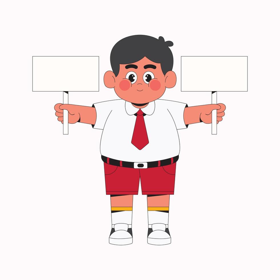 Cute boy student holding blank sign cartoon character illustration vector