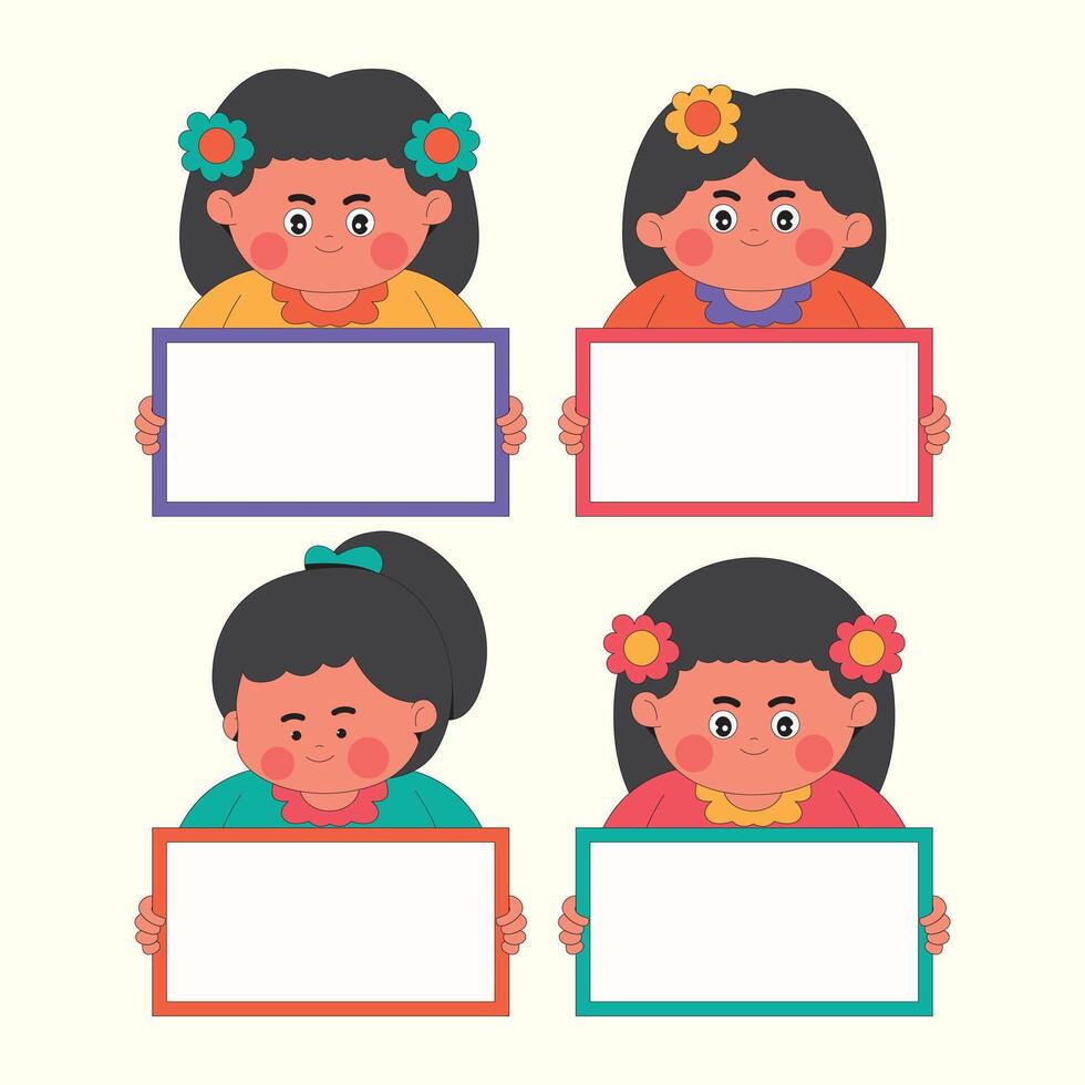 Set Cute Girl Holding Blank Sign Cartoon Illustration vector
