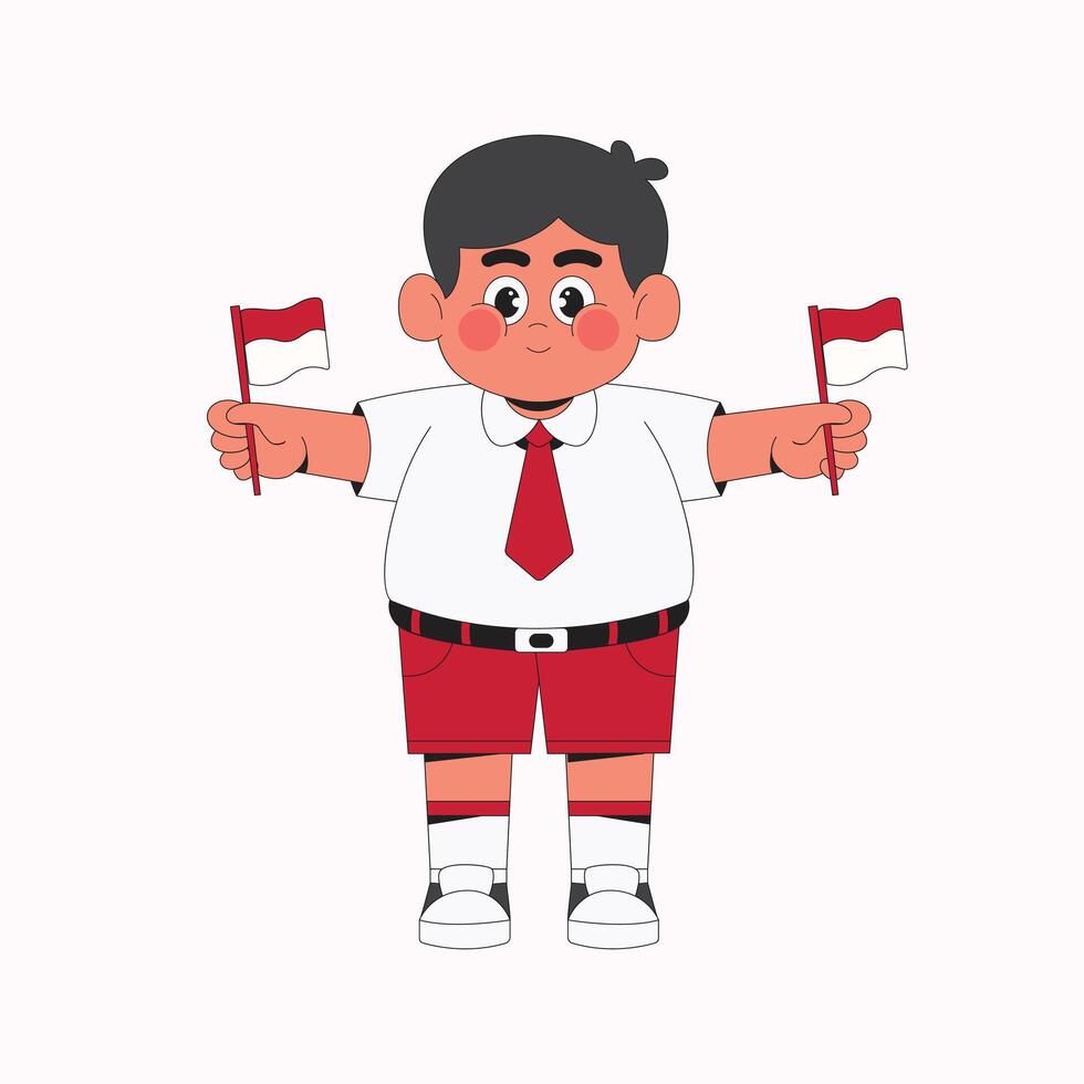 Boy student holding Indonesian flag cartoon character illustration vector