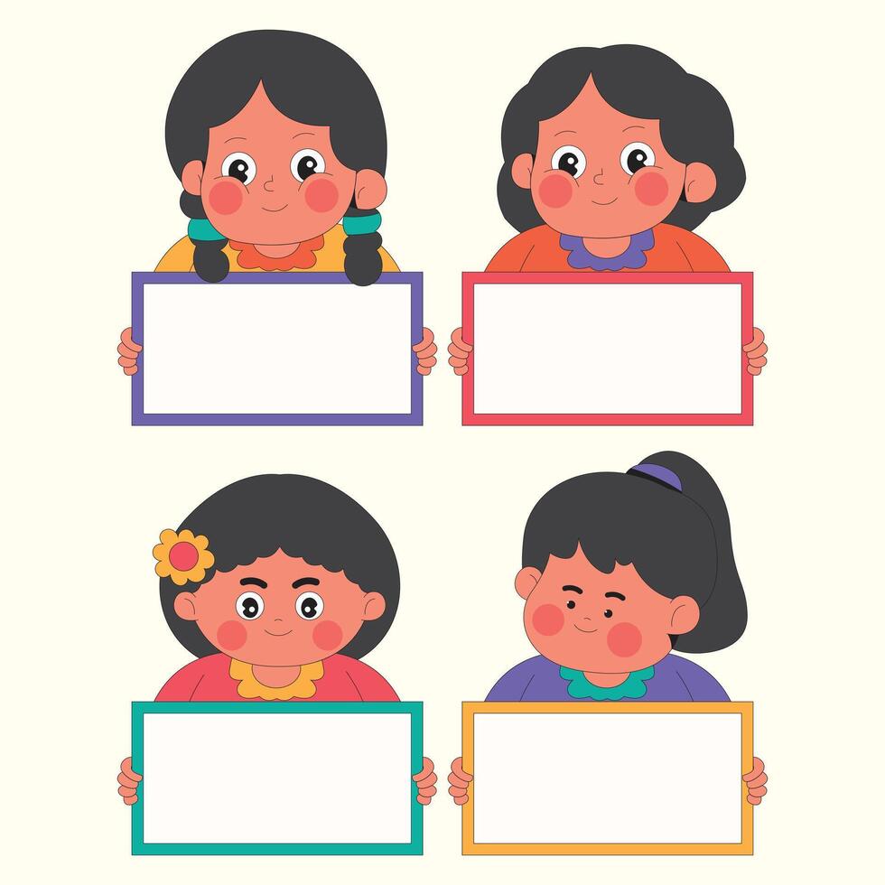 Set Cheerful Girl Holding Blank Sign Cartoon Illustration vector