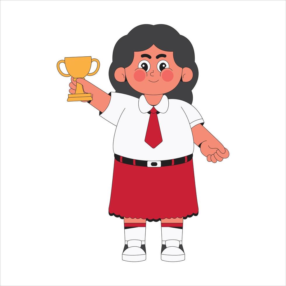 Happy girl student holding Trophy cartoon character illustration vector