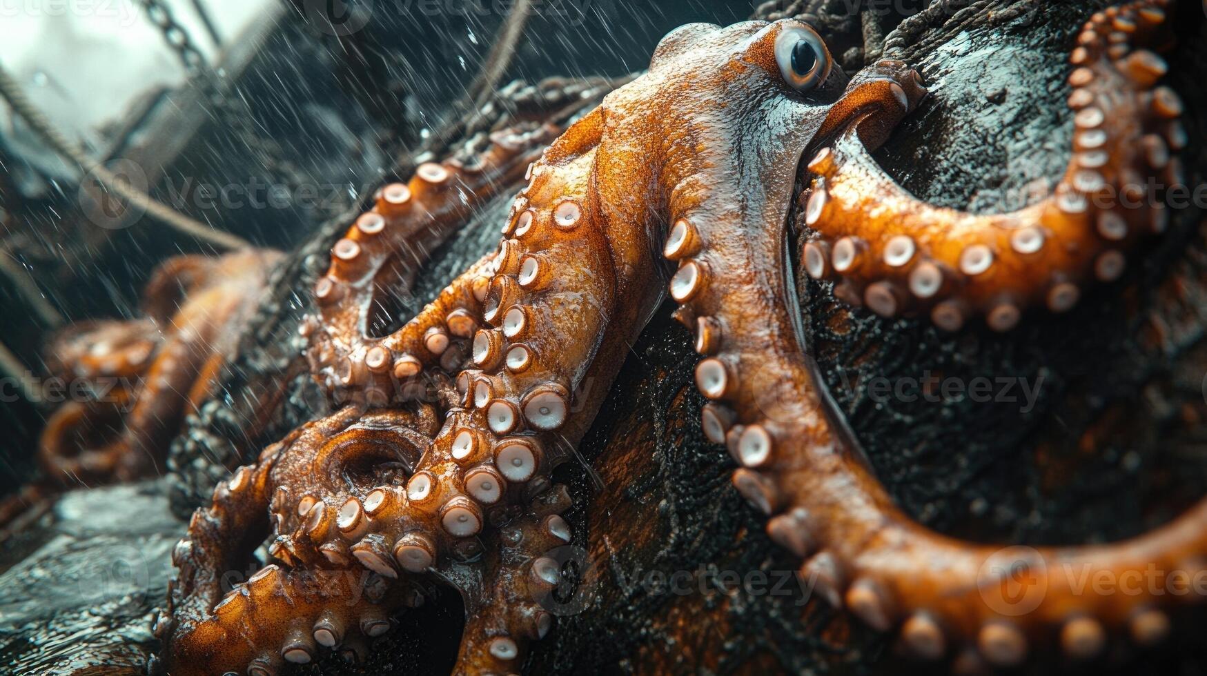 Rain-soaked octopus with detailed tentacles in natural habitat. photo