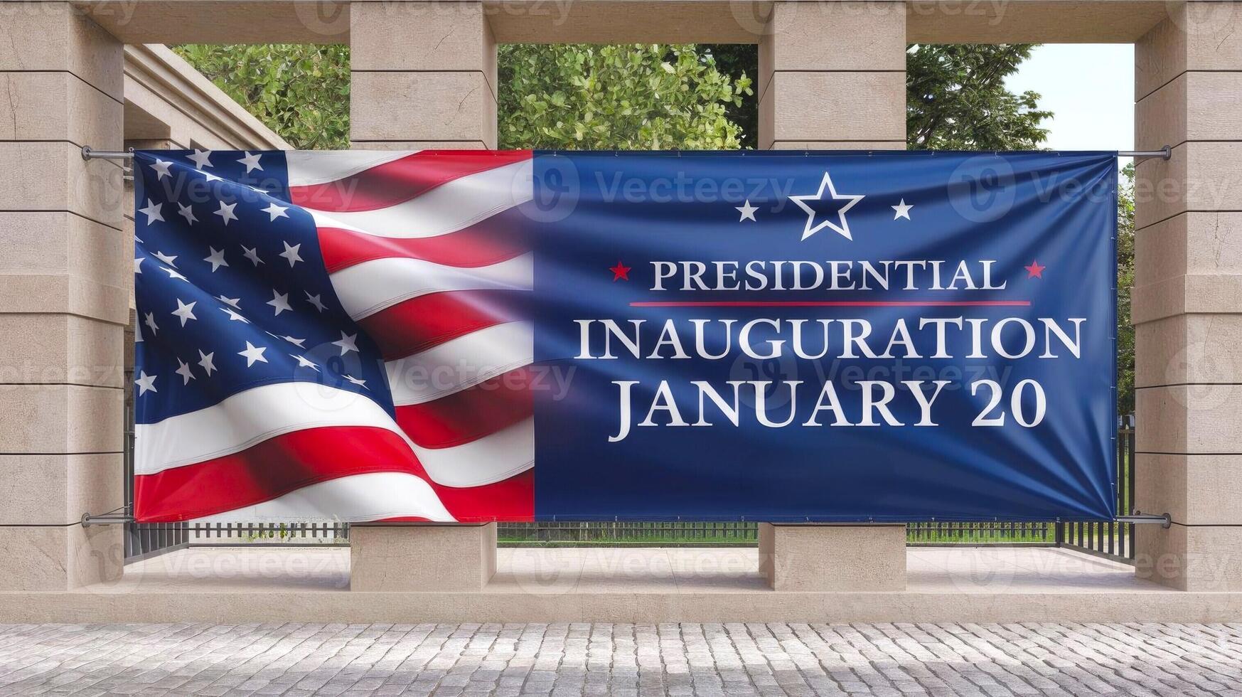 American flag and presidential inauguration banner on january 20 displayed outdoors. photo