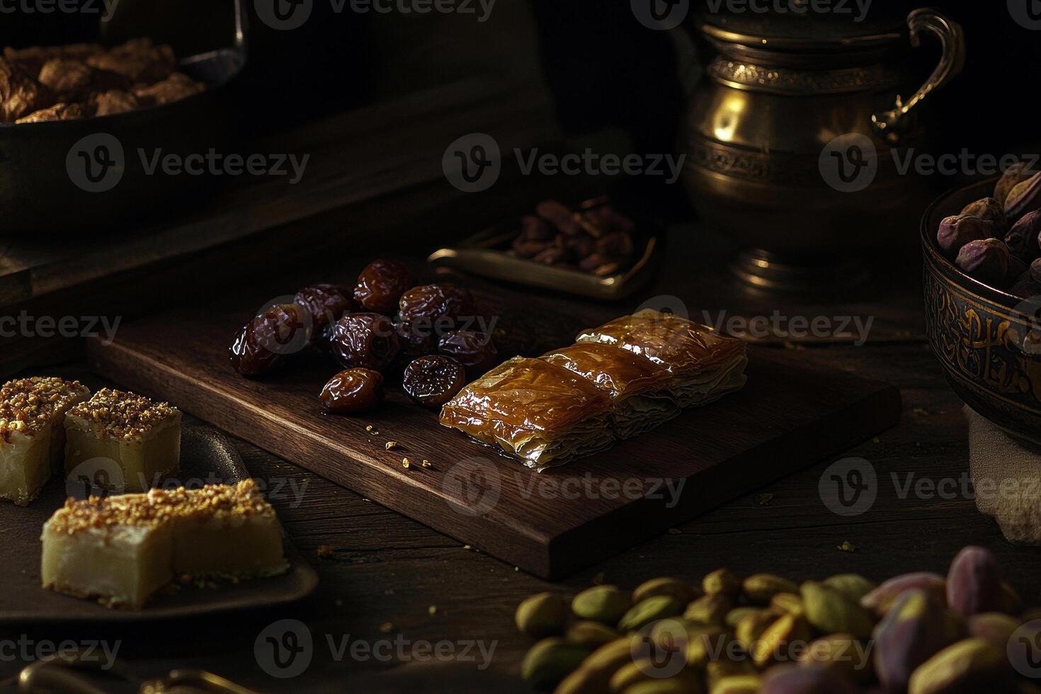 Assorted middle eastern sweets with pistachios, dates, baklava, and halva on wooden table photo