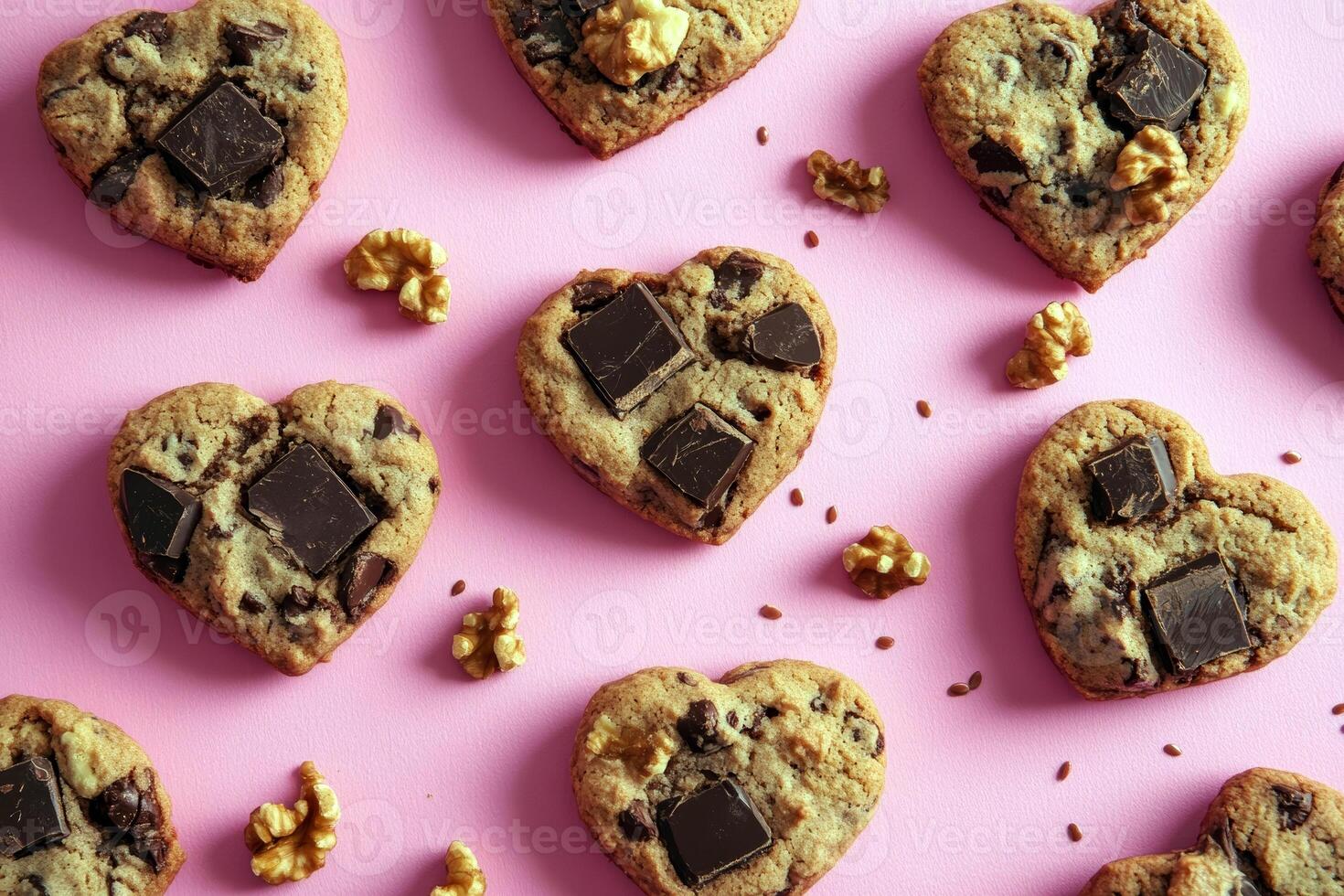 Heart-shaped chocolate chunk cookies with walnuts on pink background photo