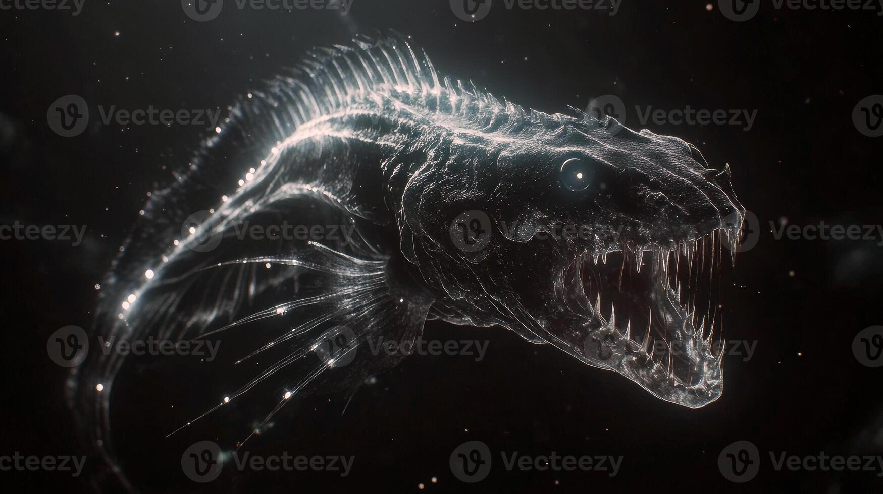 Bioluminescent deep sea predator with sharp teeth and translucent body photo