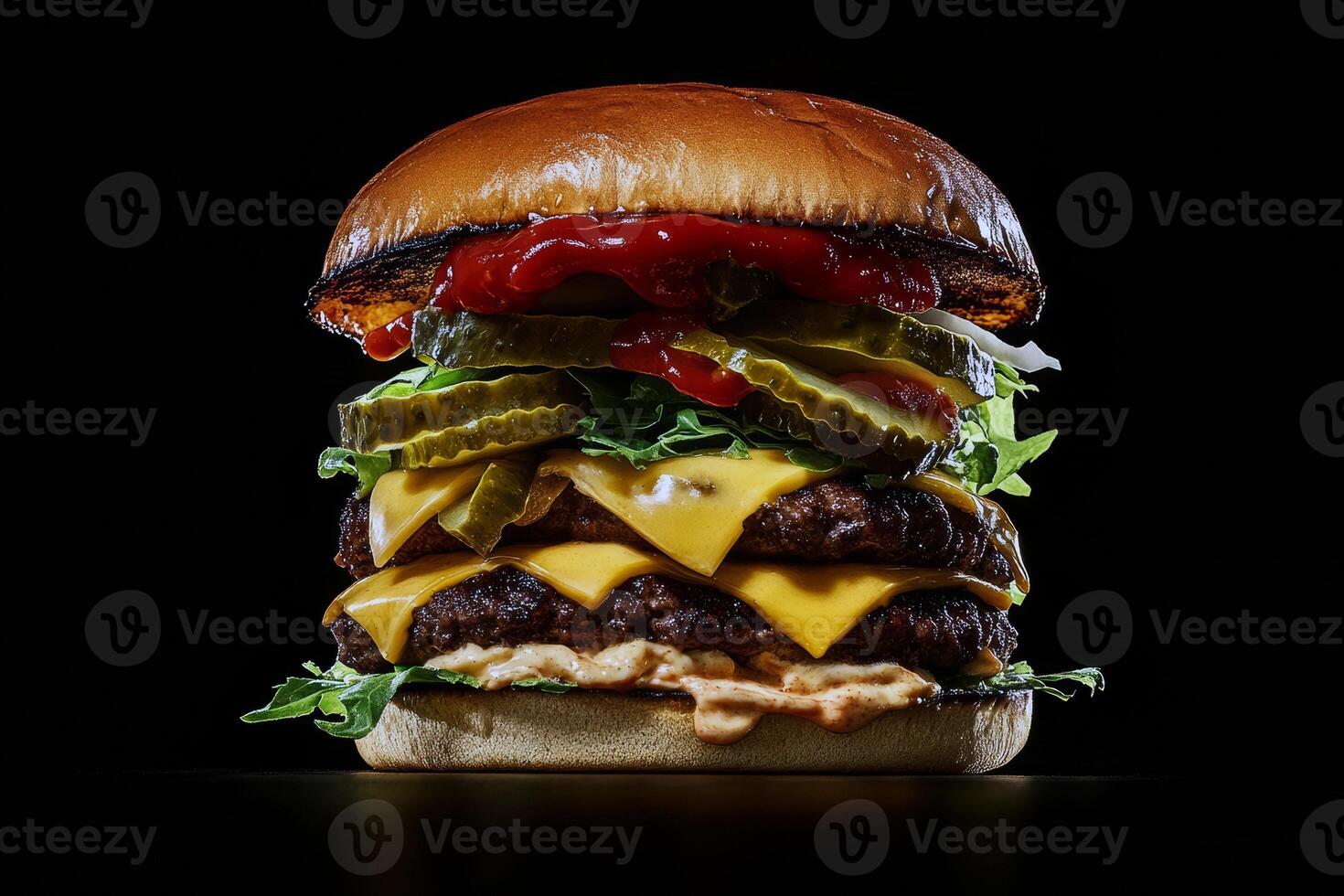 Delicious double cheeseburger with lettuce, pickles, and ketchup on a toasted bun photo