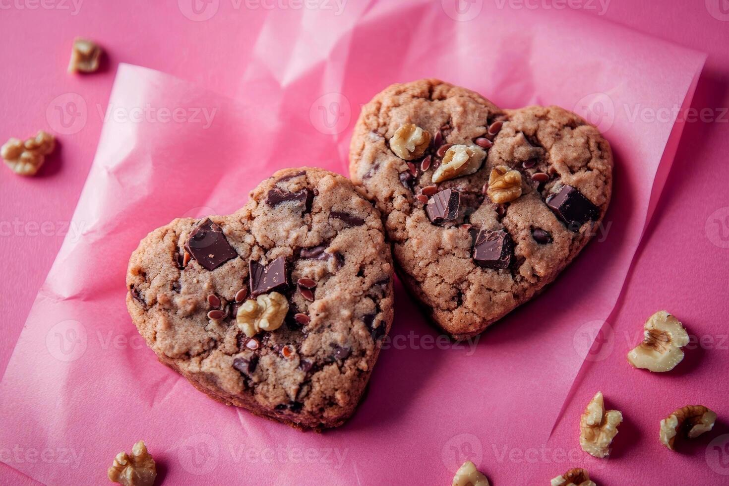 Heart-shaped chocolate chip cookies with walnuts on pink background photo