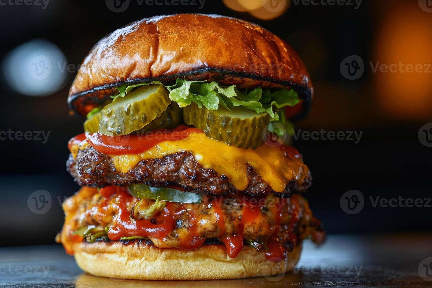 Juicy cheeseburger with pickles, lettuce, and ketchup on a toasted bun close-up photo