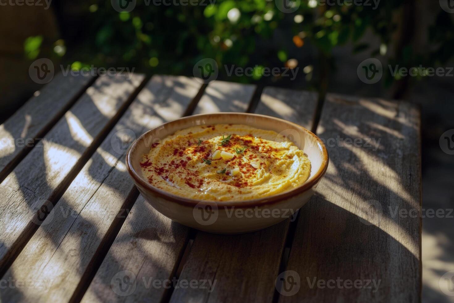 Creamy hummus garnished with paprika and olive oil on wooden table in sunny garden setting photo