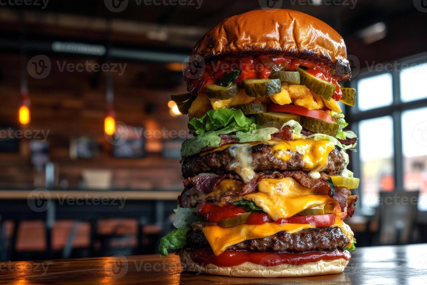 Towering cheeseburger with bacon, pickles, and vegetables in rustic restaurant setting photo