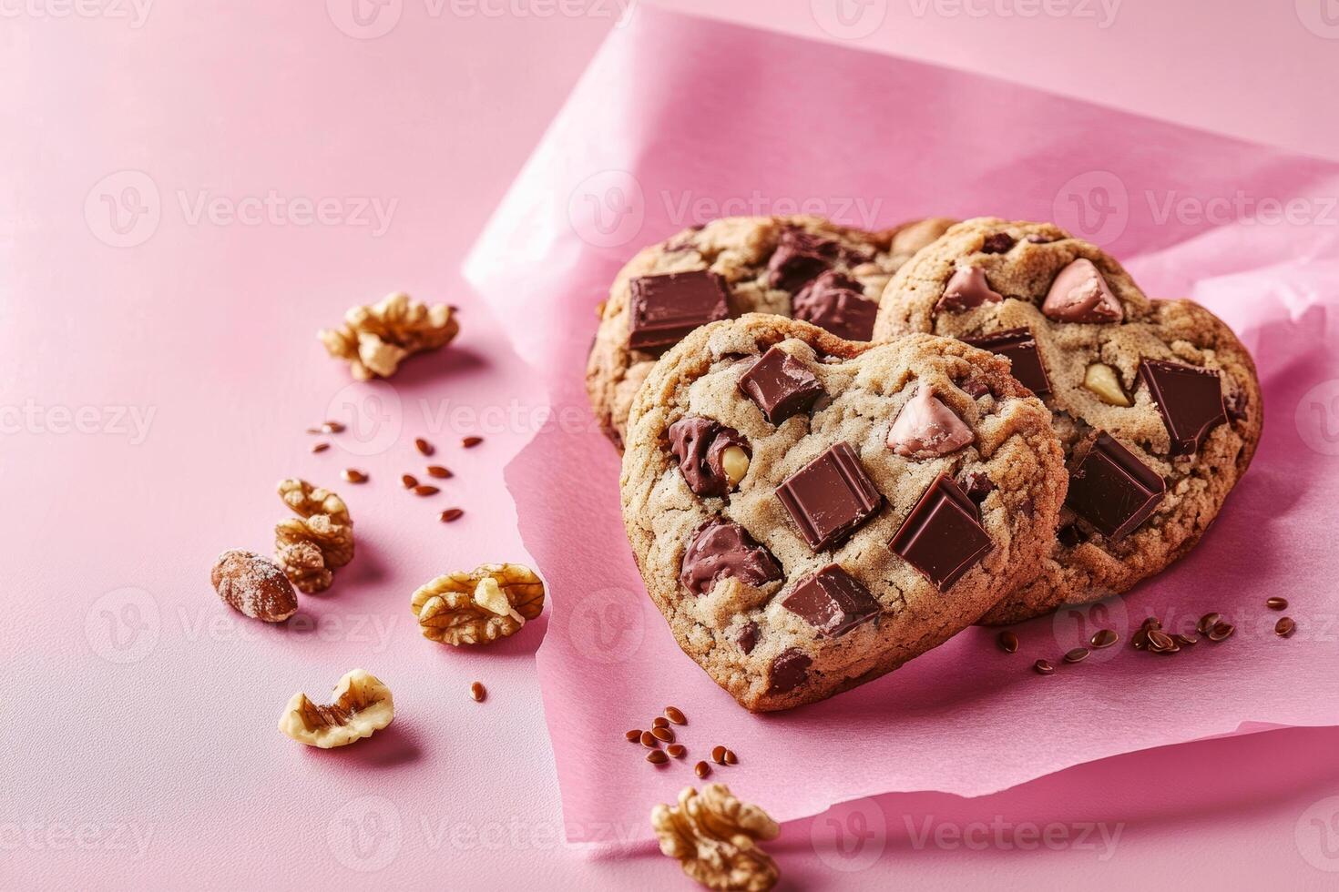 Heart-shaped chocolate chip cookies with walnuts on pink paper background photo