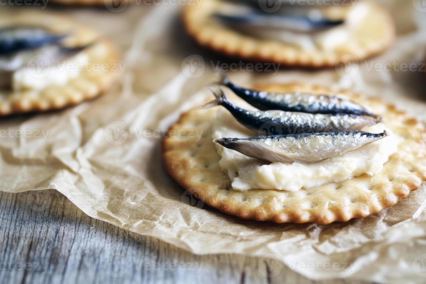 Gourmet crackers with cream cheese and sardine topping on rustic paper photo
