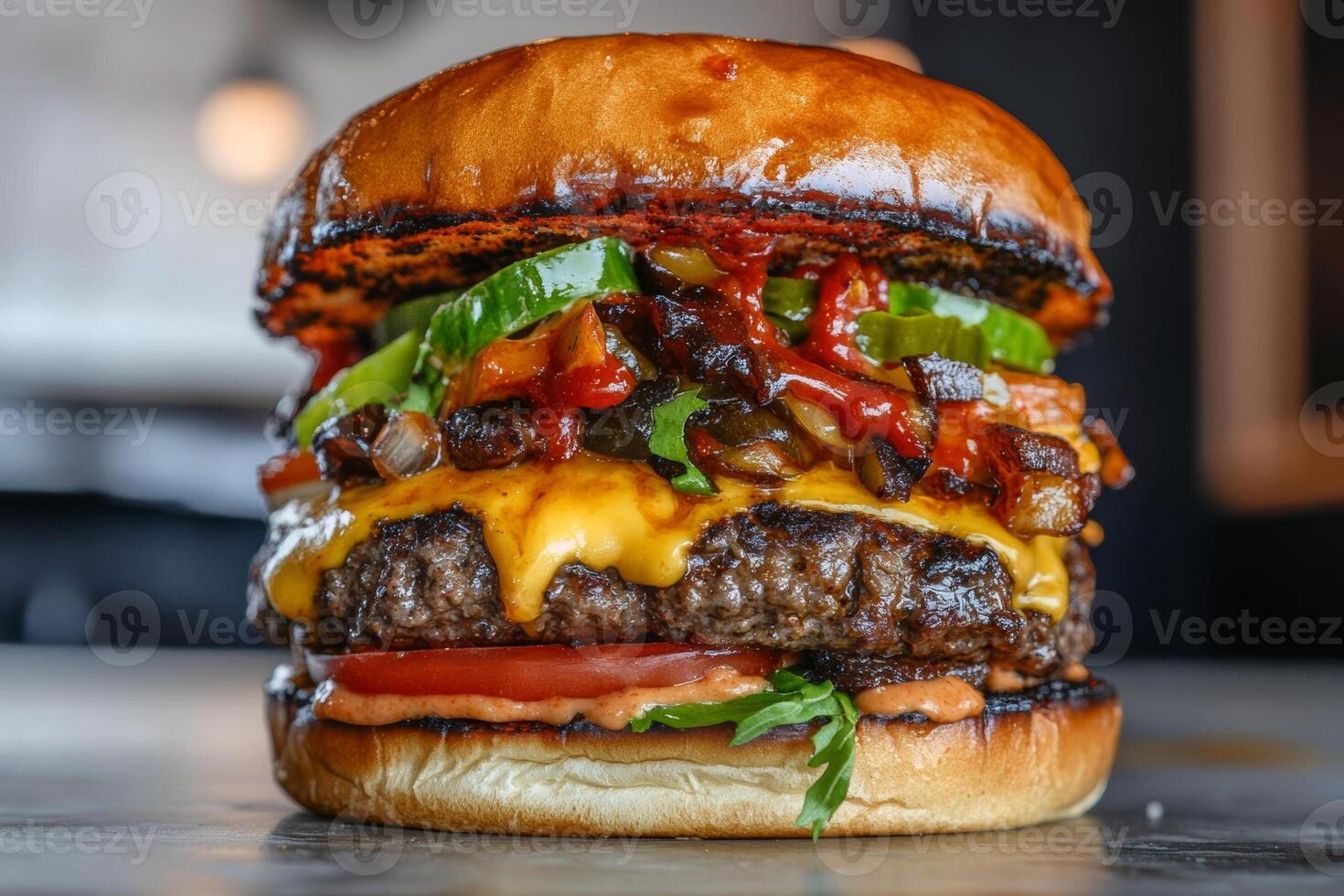 Juicy cheeseburger with pickles, tomatoes, and lettuce on a grilled bun photo