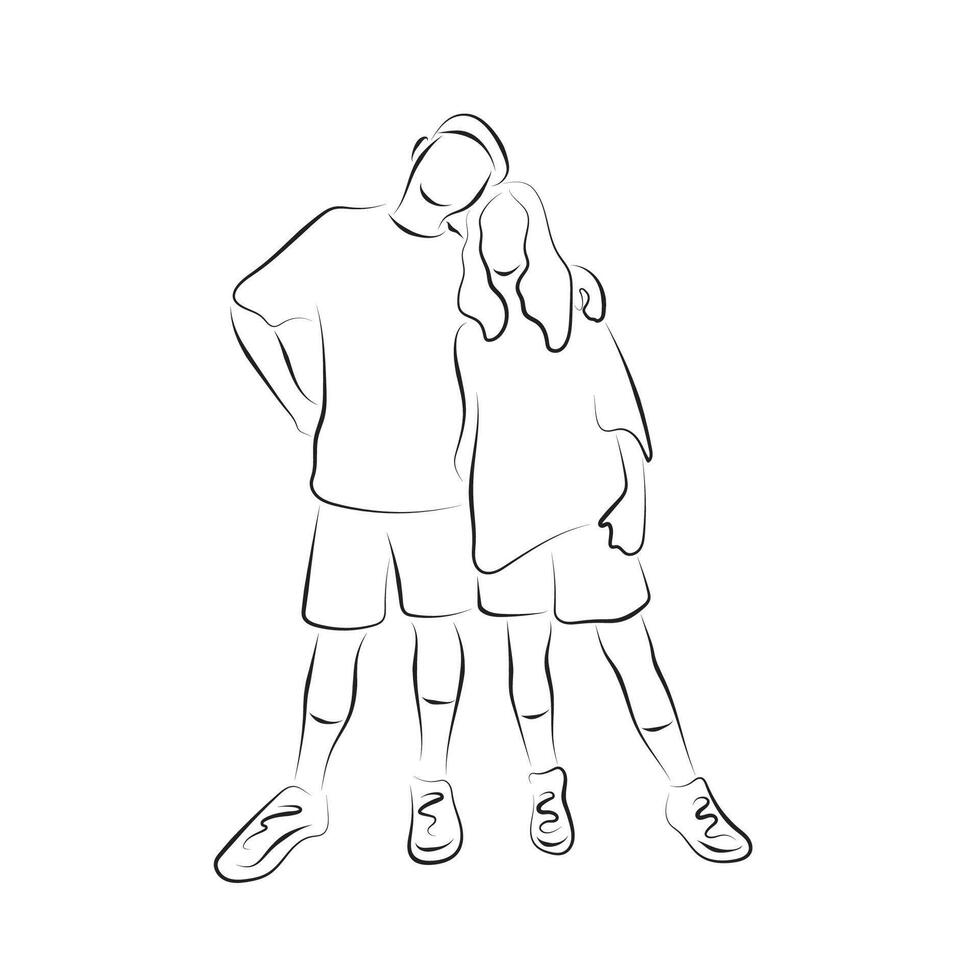 Man and woman standing together illustration hand drawn with black lines isolated on white background vector