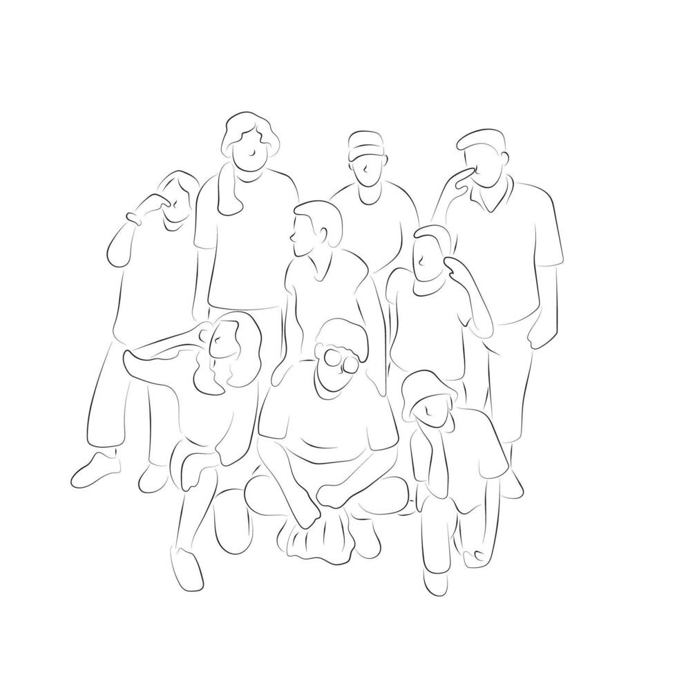 black lines of nine people together in teamwork illustration hand drawn with black lines isolated on white background vector