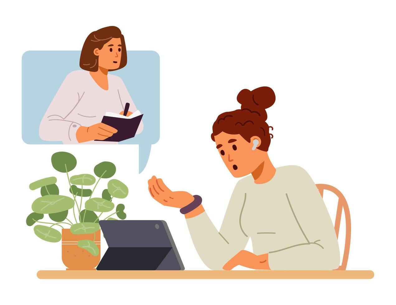 Online psychological session flat illustration isolated on white. A woman shares her problem with a psychologist via call. vector