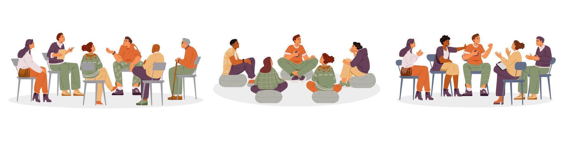 Different groups of people at group therapy sessions flat illustrations isolated on white set. vector