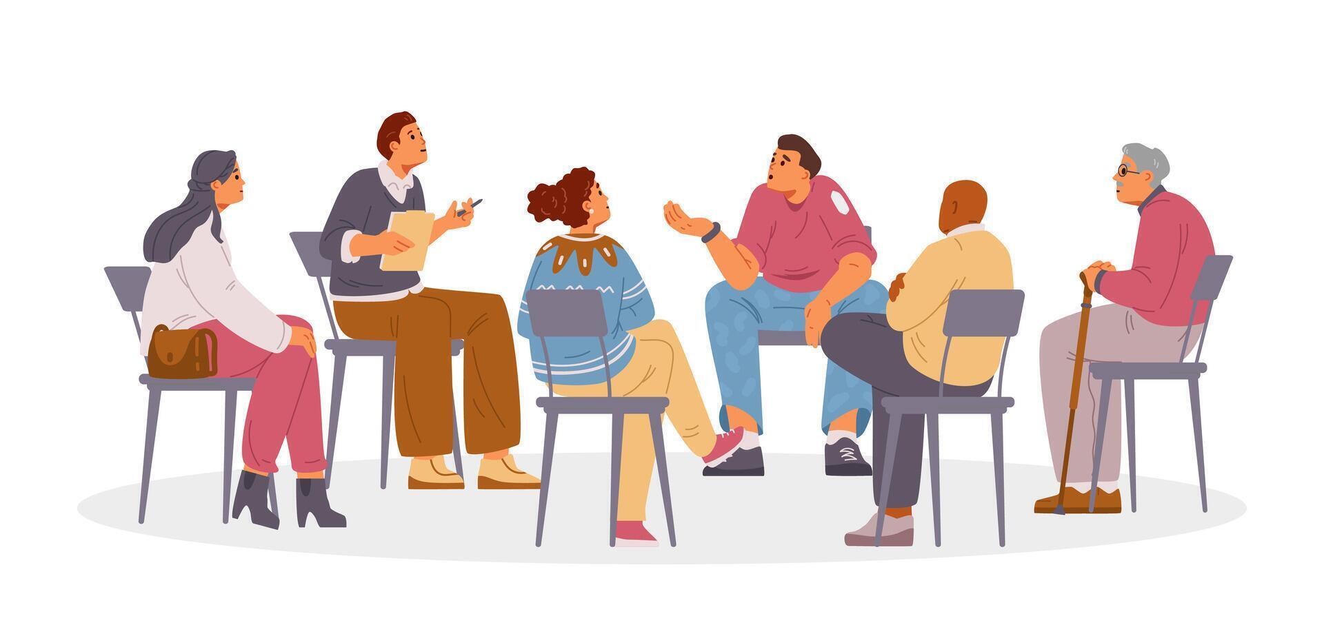 Psychologist with patients on group therapy session flat illustration isolated on white. Man sharing his problems with diverse group of people. vector