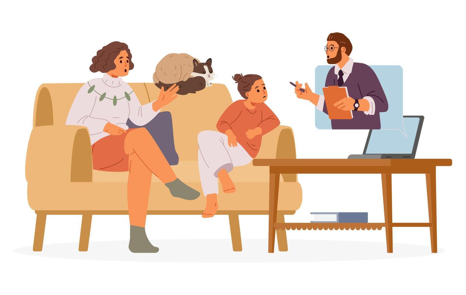 Mother with teenage daughter during online psychological therapy session flat illustration isolated on white. Man child psychologist consulting patients via call. vector