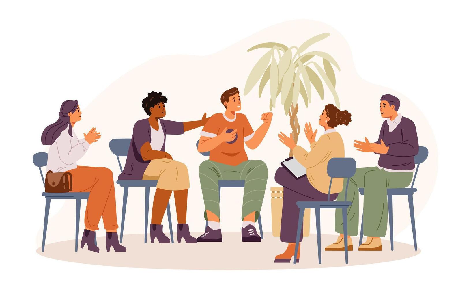 Man sharing his success in group therapy session flat illustration. People supporting and congratulating member of the group. vector