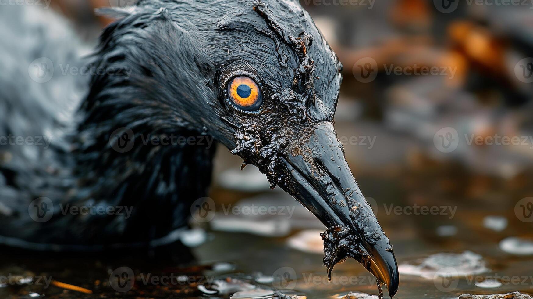 Close-up of an oil-covered bird with intense eye in pollution-ridden environment photo