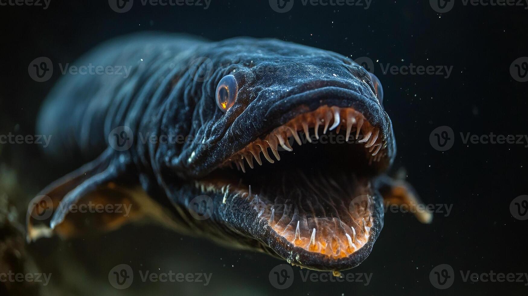 Close-up of deep-sea predator fish with sharp teeth in dark ocean water photo