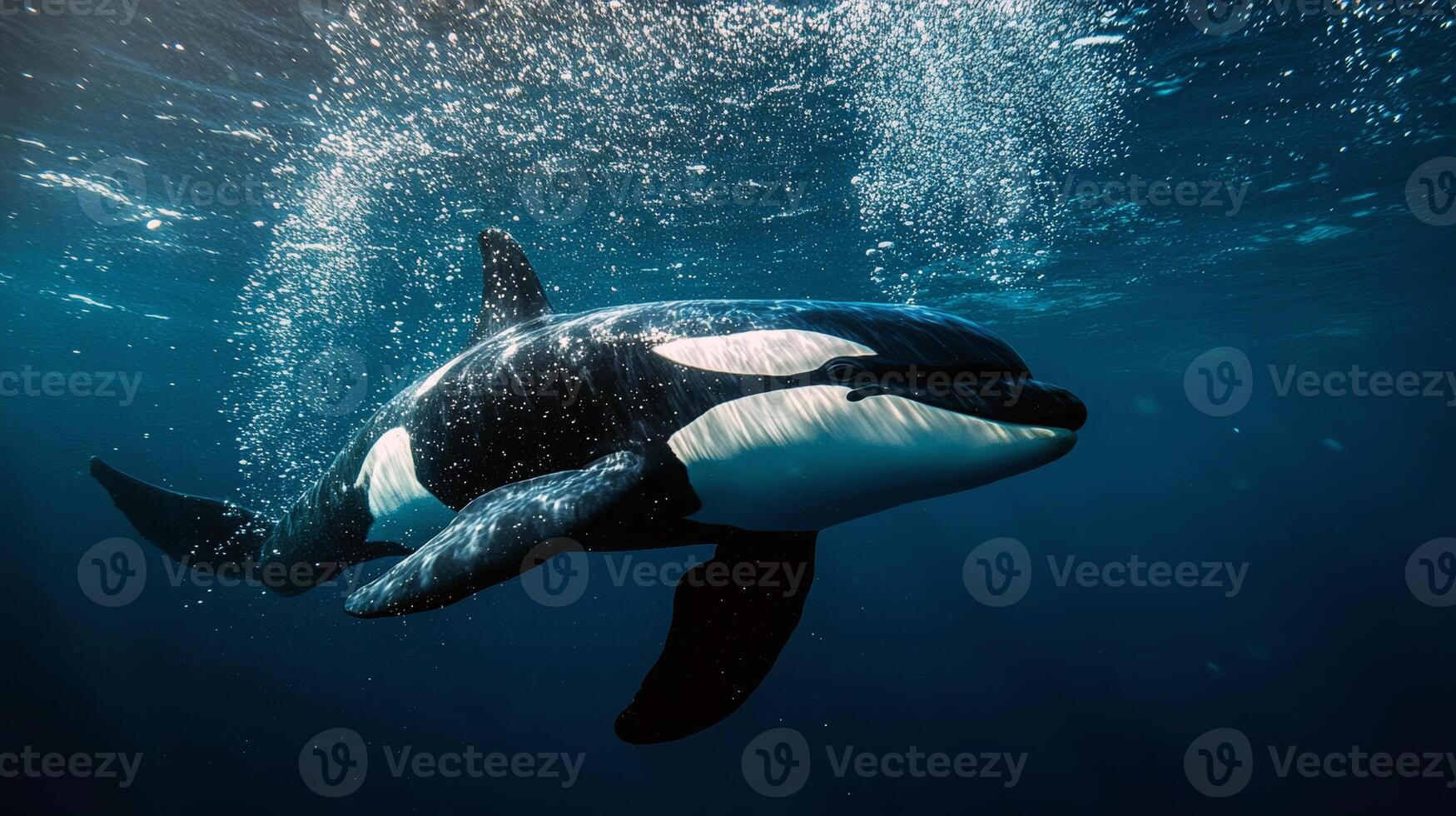 Majestic orca swimming underwater with sunlight and bubbles photo