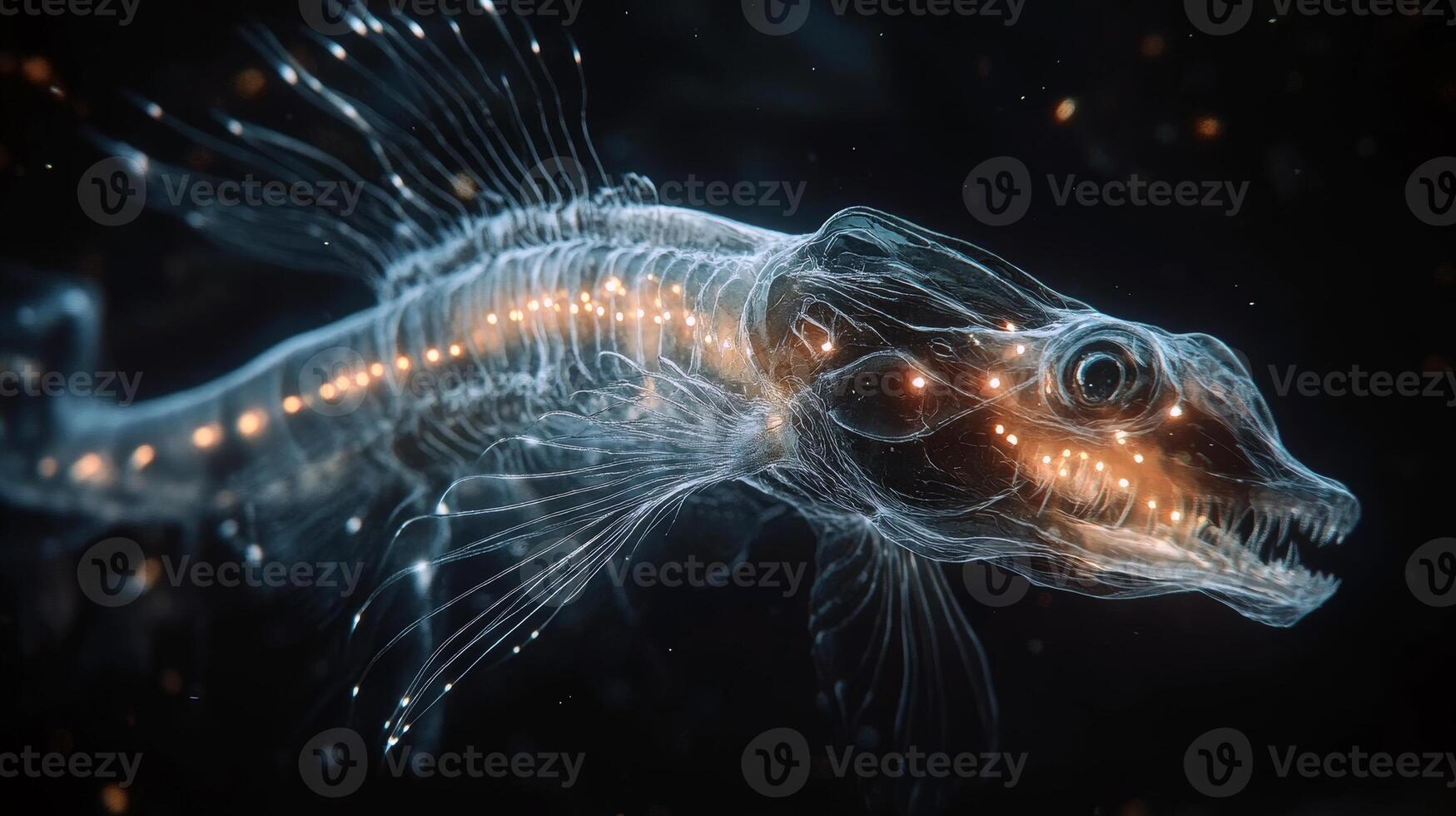 Intricate x-ray style bioluminescent fish amidst dark waters photo