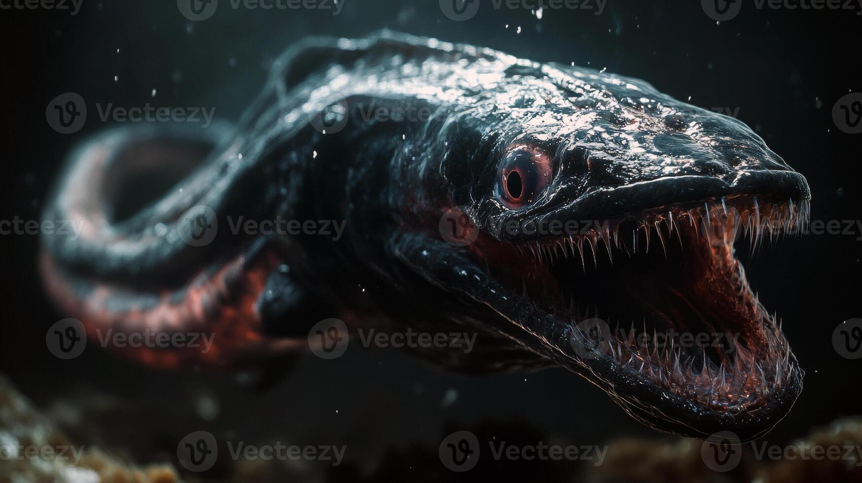 Fierce deep-sea creature with sharp teeth and dark glistening scales in ocean depths photo