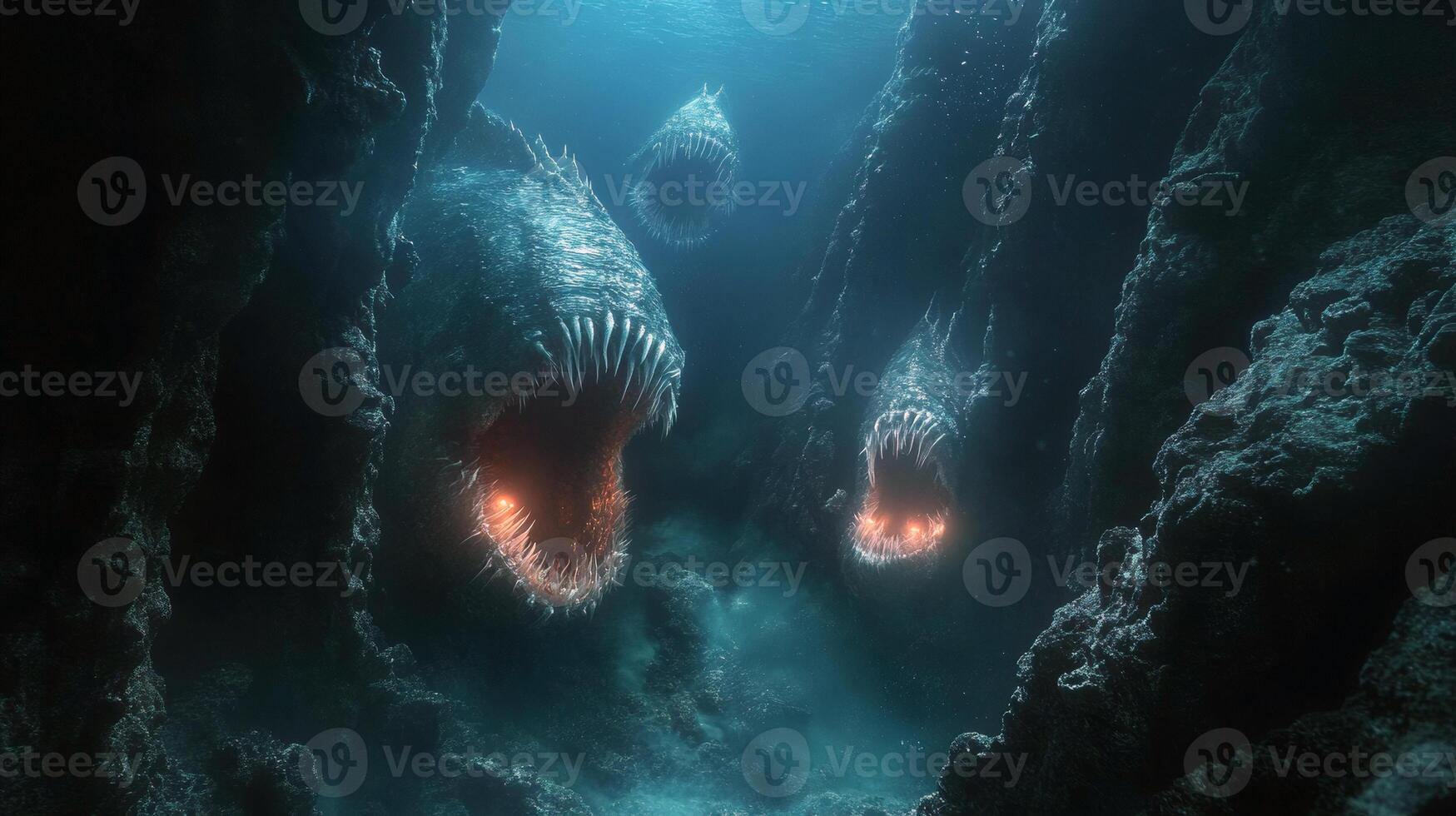 Terrifying deep sea monster creatures in dark ocean underwater cave scene photo