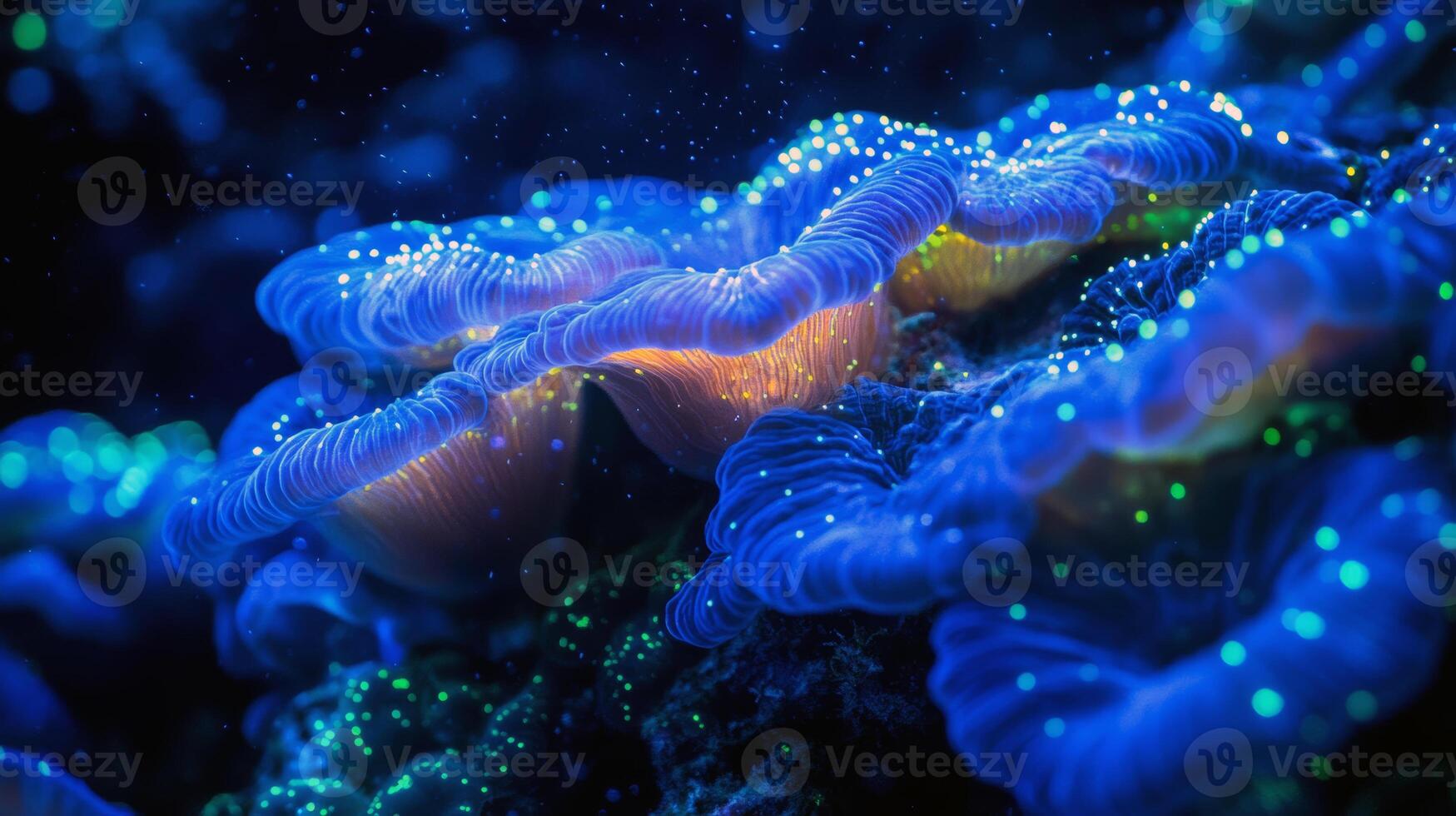 Glowing blue bioluminescent coral reef underwater scene with vibrant colors photo