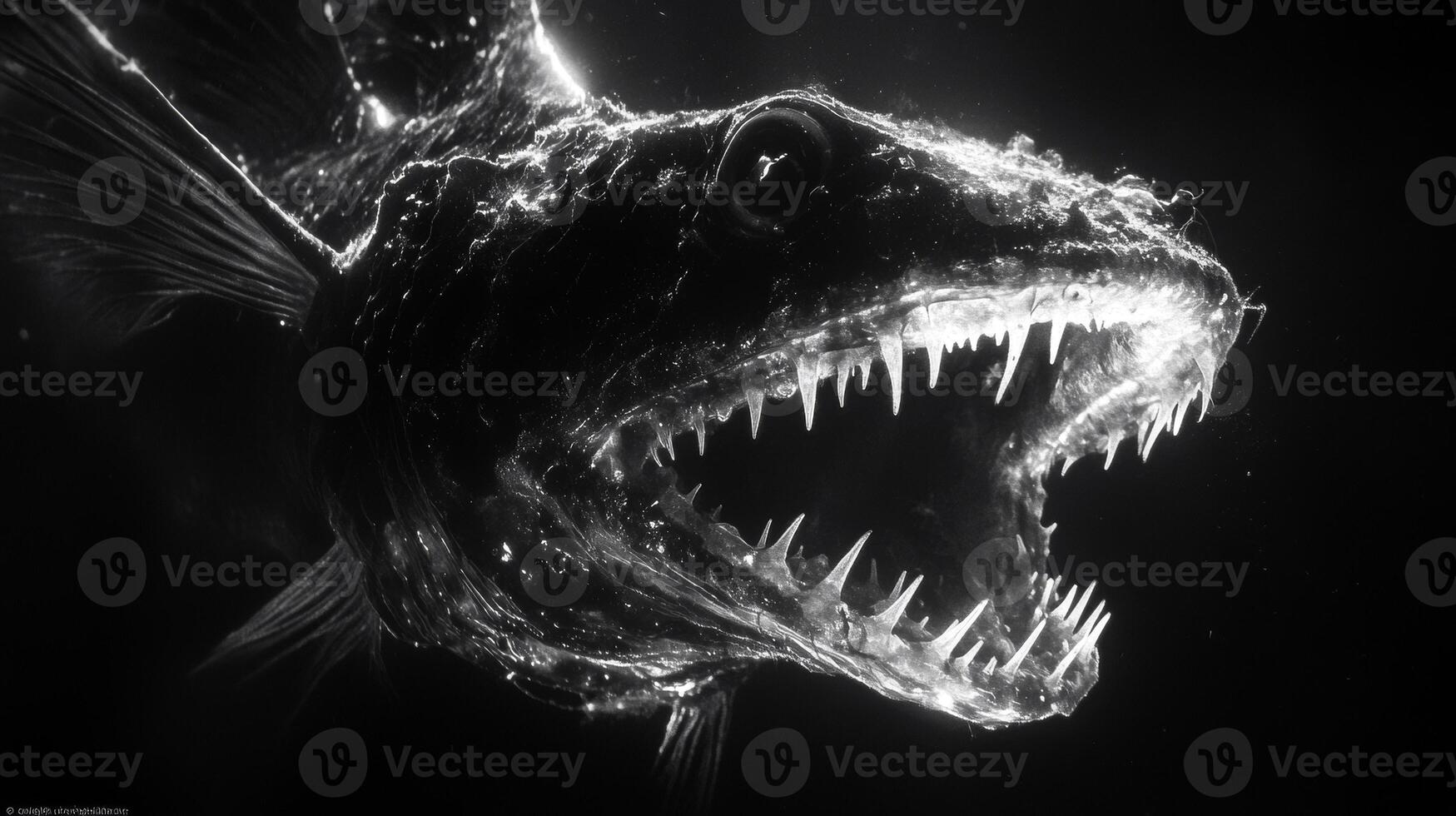 Eerie glowing deep-sea fish with sharp teeth in dark waters photo