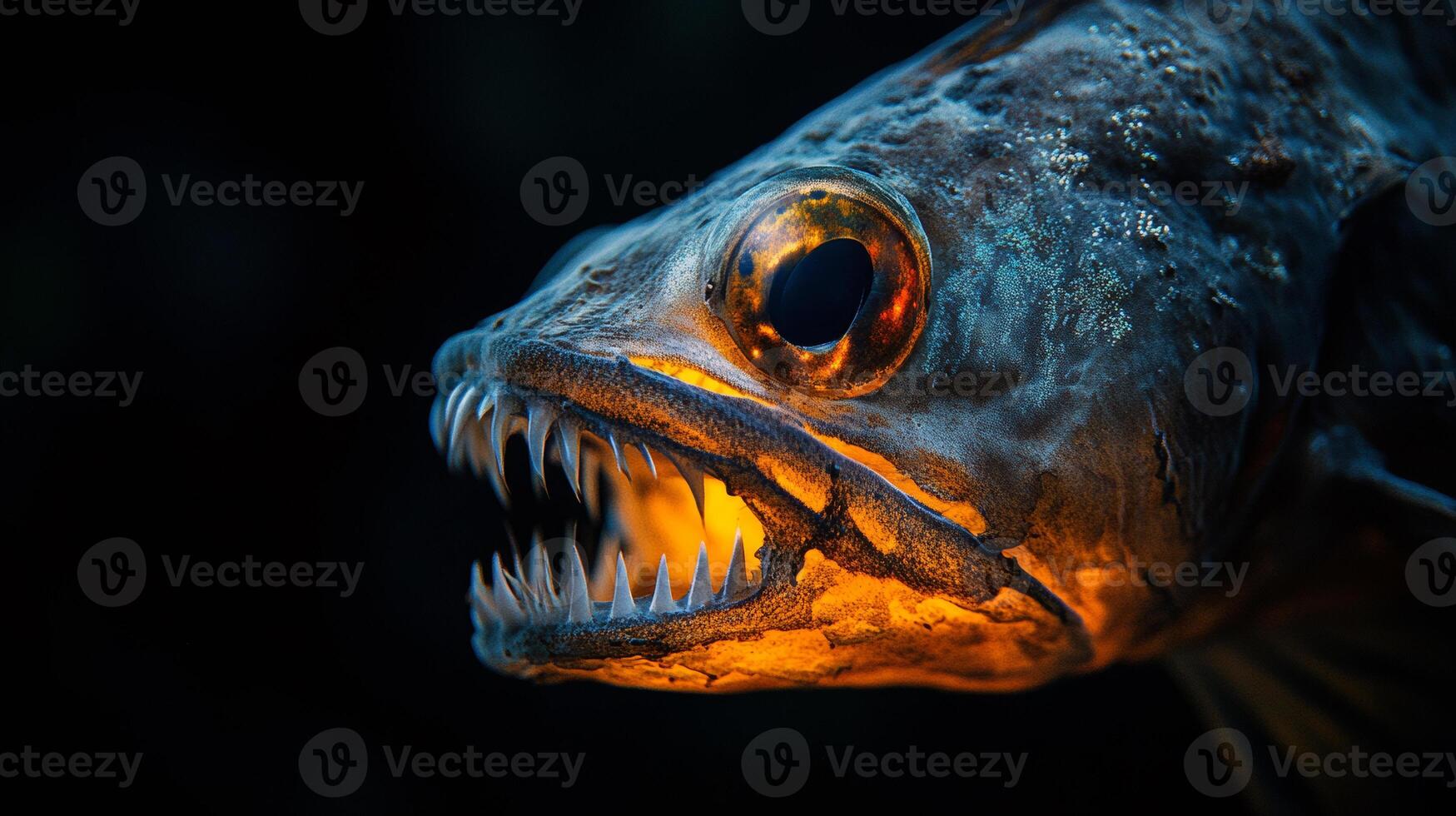 Close-up of deep sea fish with sharp teeth glowing underwater in the dark photo