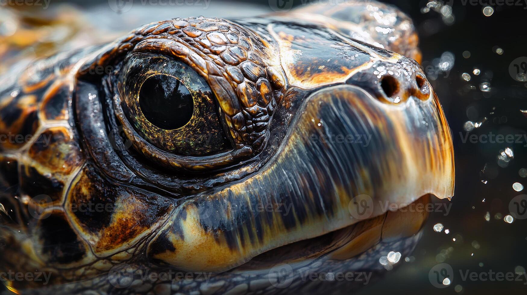 Close-up of sea turtle's textured face with intricate patterns and water droplets photo