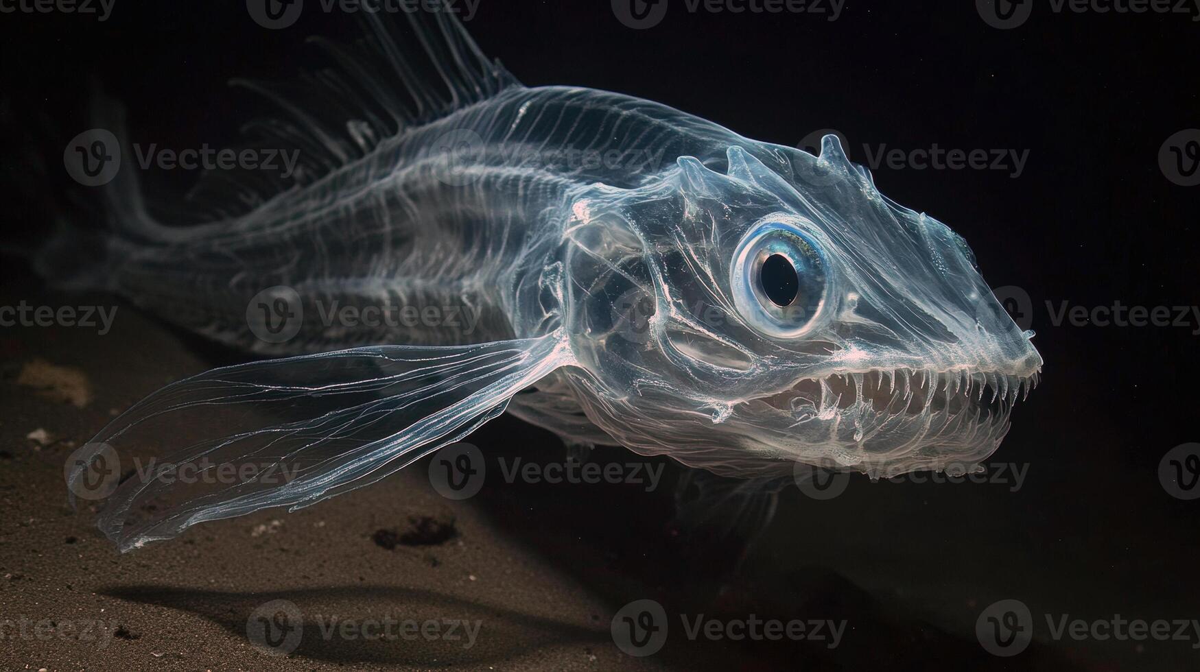 Eerie deep-sea icefish skeleton glowing underwater in darkness photo