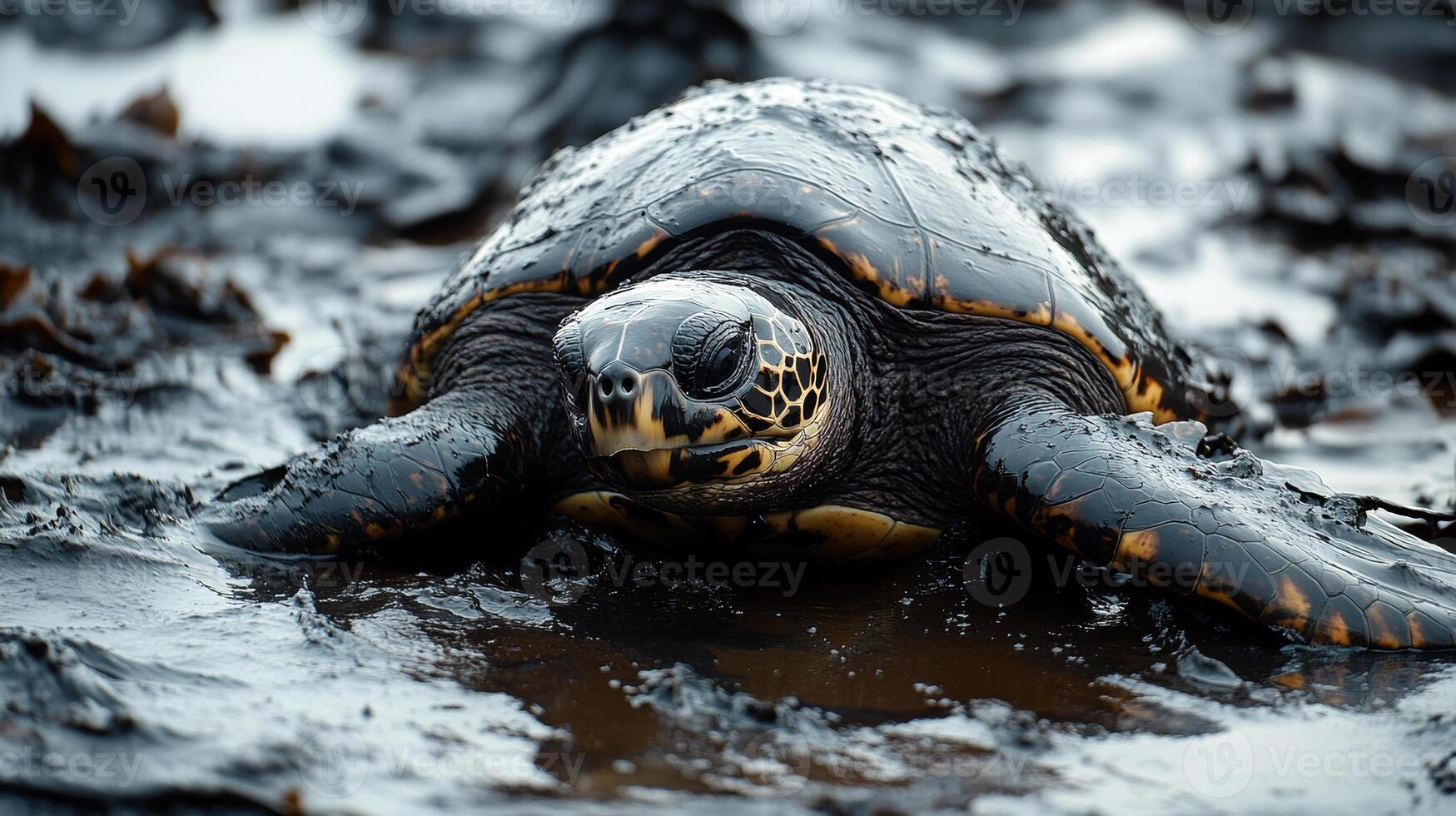Sea Turtle Trapped in Oil-Contaminated Waters, Highlighting the Effects of Marine Pollution and Ecological Disasters photo