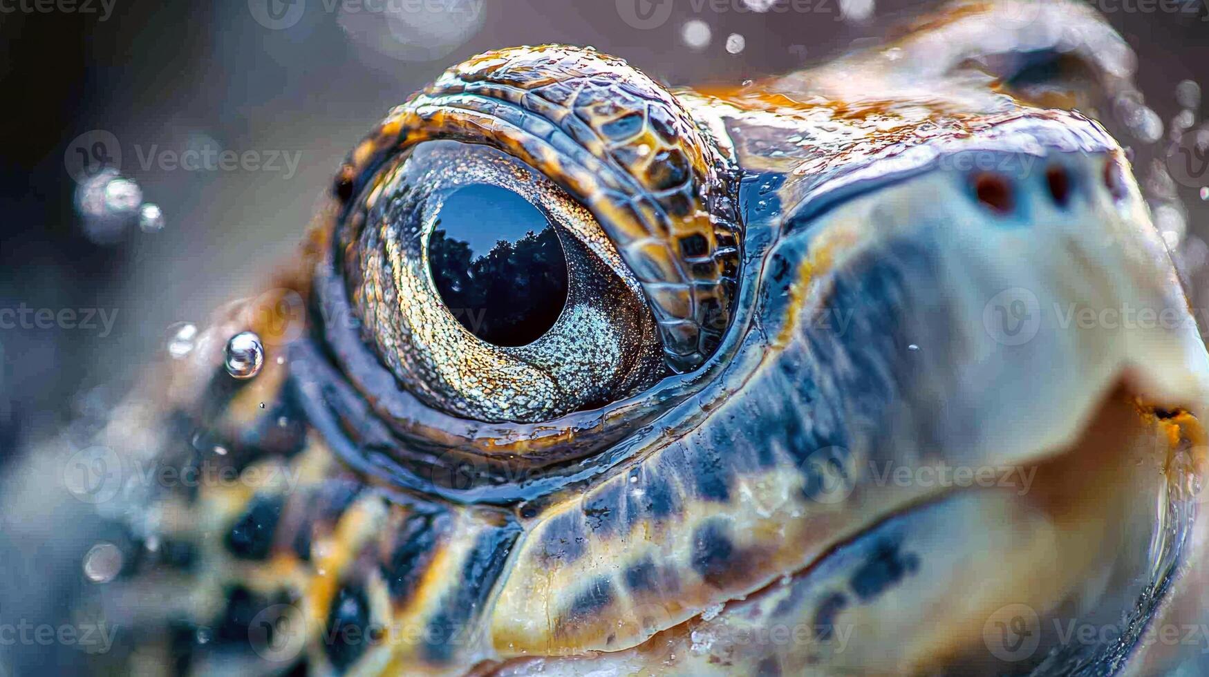 Close-up of a sea turtle's eye capturing ocean reflections and details photo