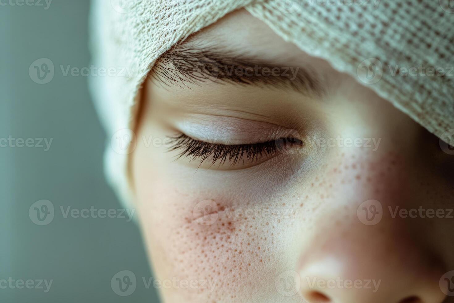 A close up of a young boy with a bandage on his head photo
