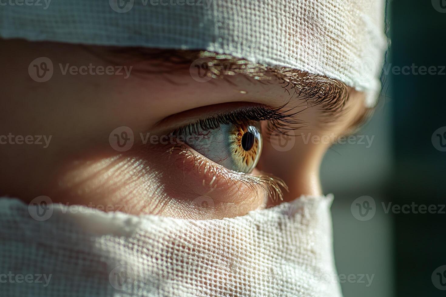 A close up of a person's eye with bandages photo