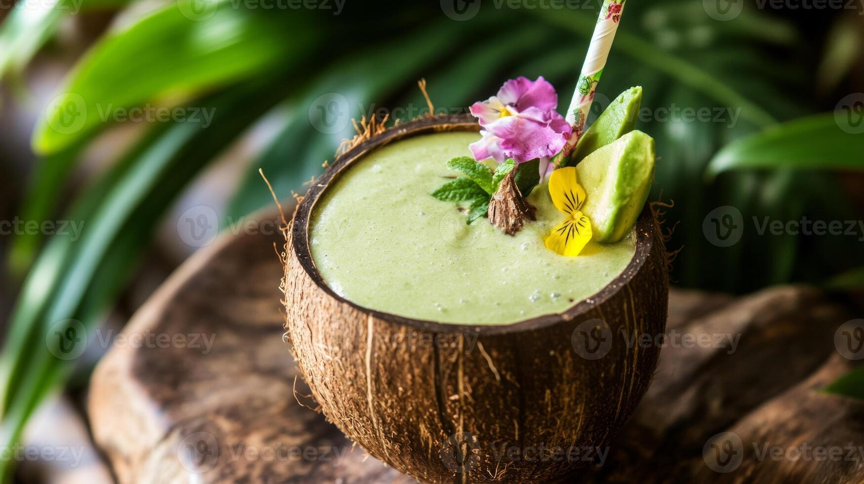 A green smoothie with a coconut and a flower photo