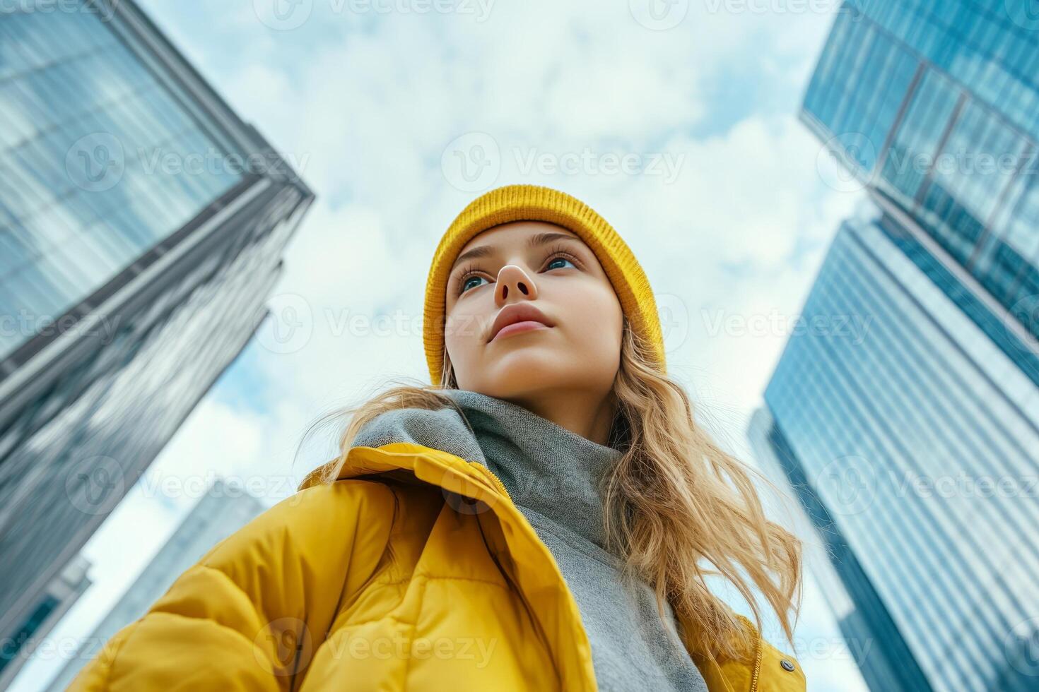 A portrait of a stylish young girl. A modern skyscraper behind her. photo
