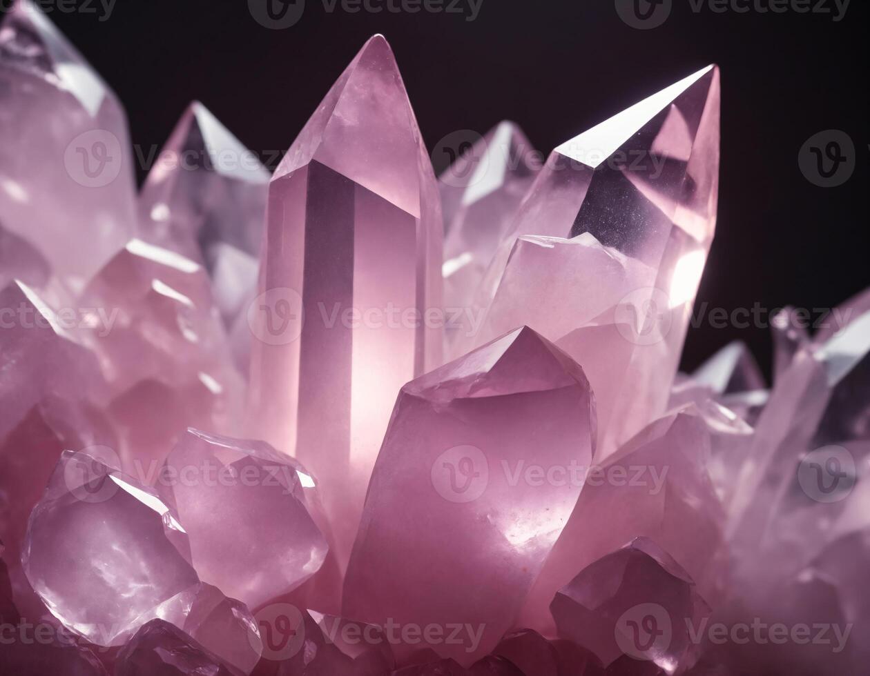Cluster of transparent pink crystals, close-up on black backgrou photo