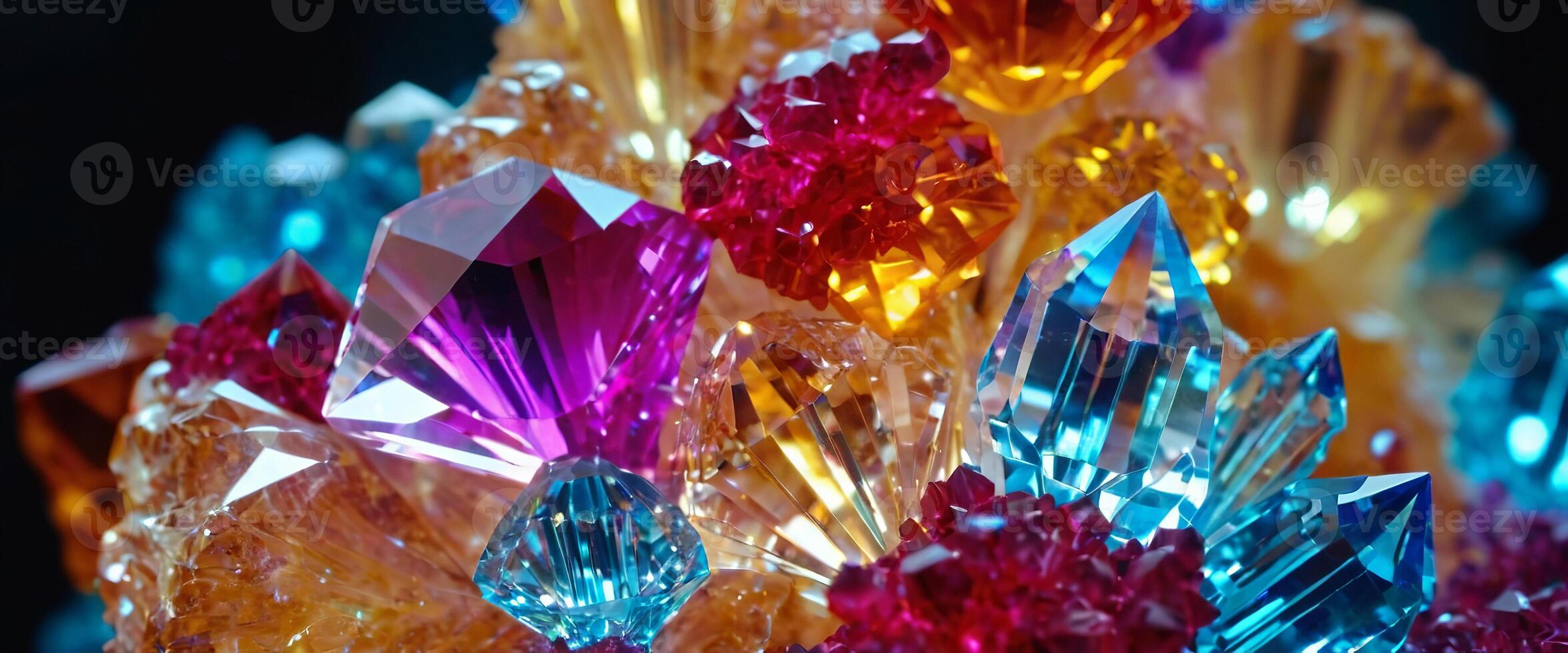 Cluster of bright colorful fantasy crystals, abstract multi-color background photo