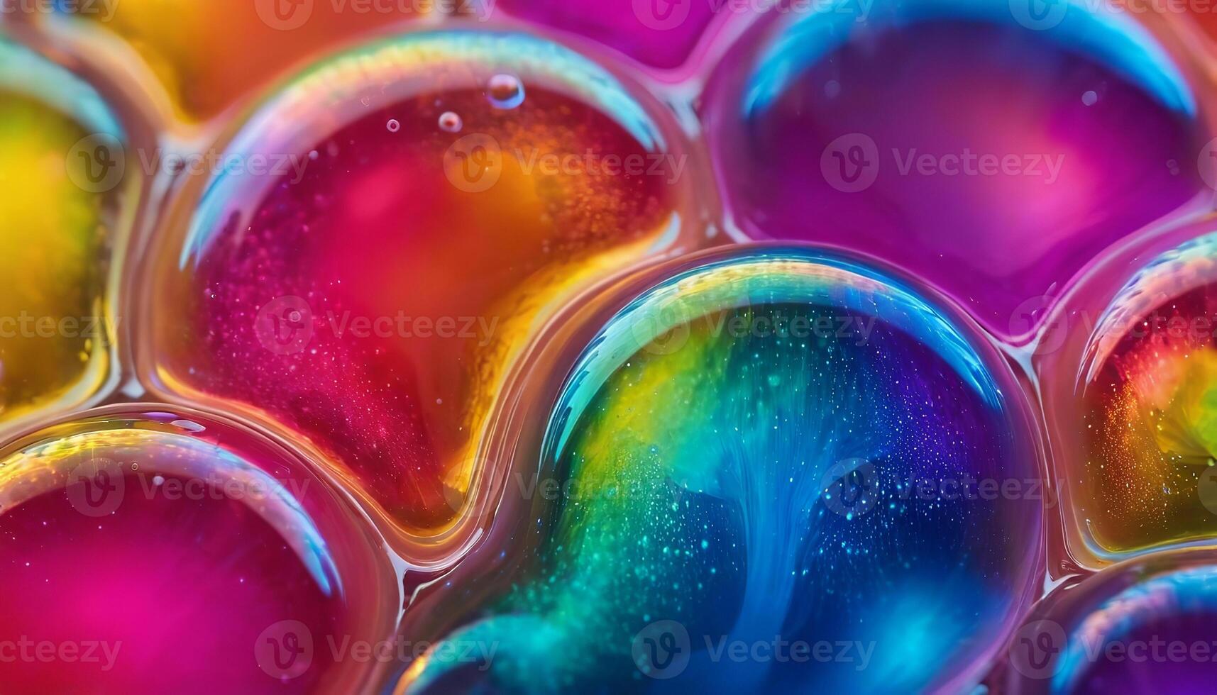 Close-up of liquid bright colorful bubbles, abstract background photo