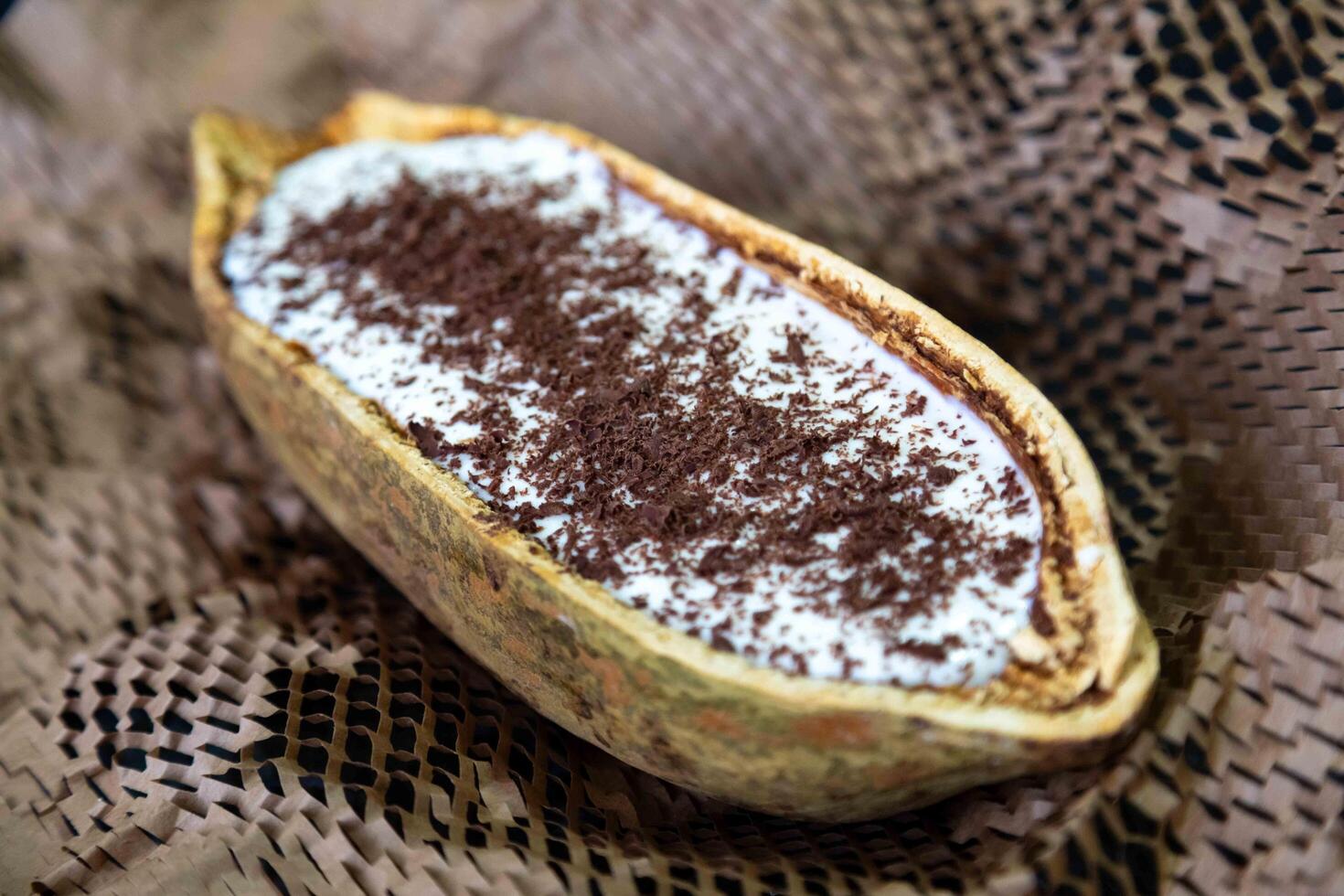 Traditional cupuacu cream, cupuacu mousse served in the fruit shell with grated chocolate 19 photo