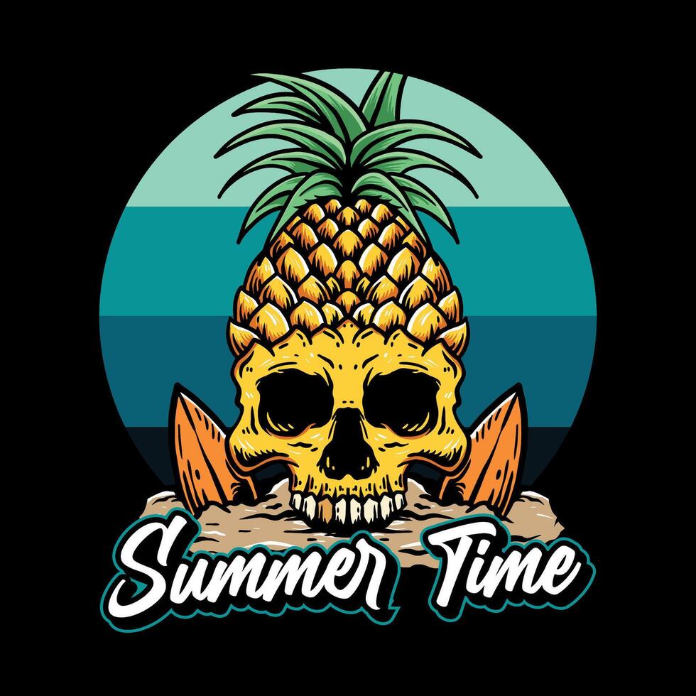 Pineapple summer skull hand drawn, isolated on black background. vector
