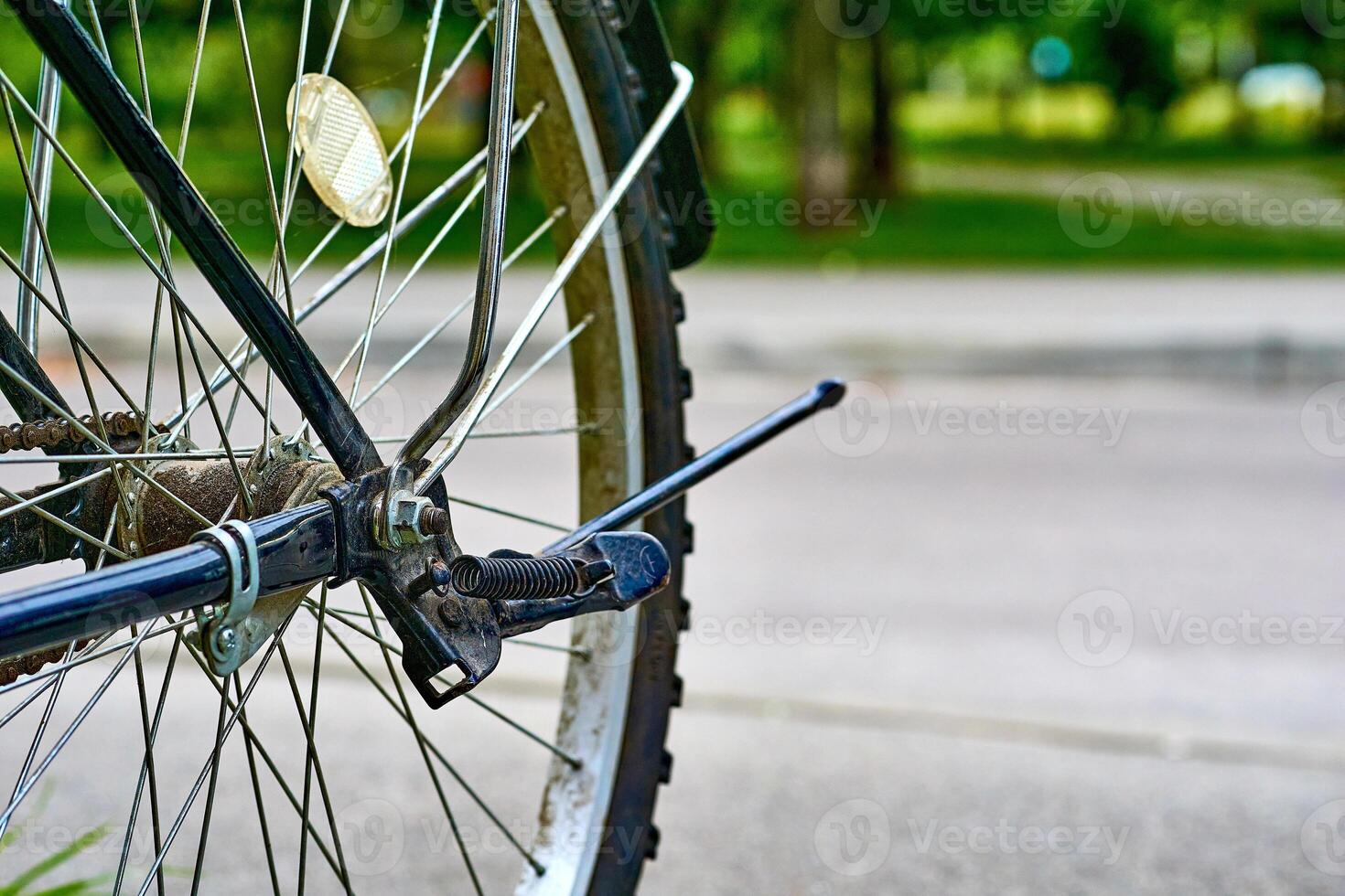 Bicycle rear wheel with brakes on the background of the road photo