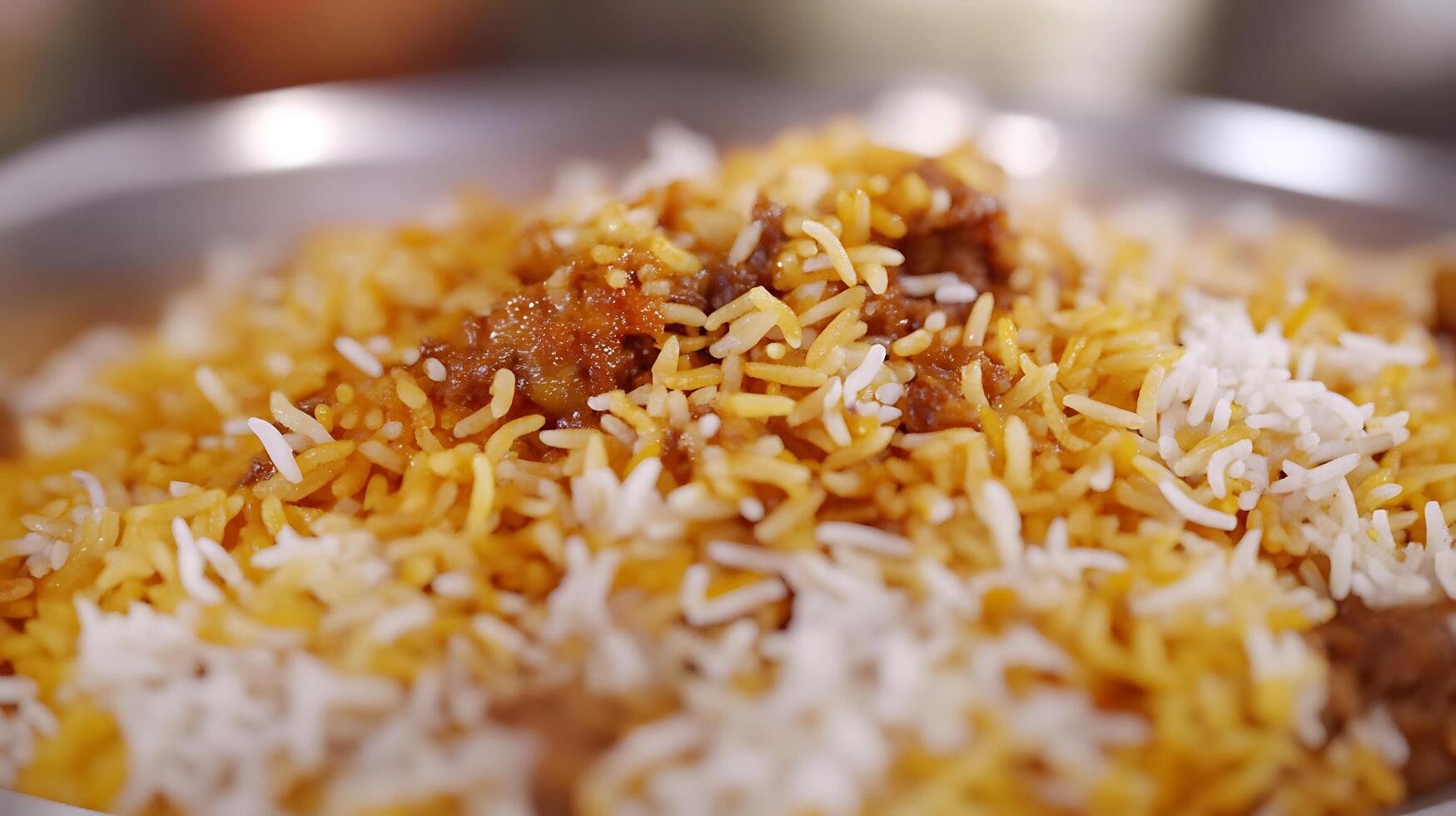 A close up of a plate of rice and meat photo