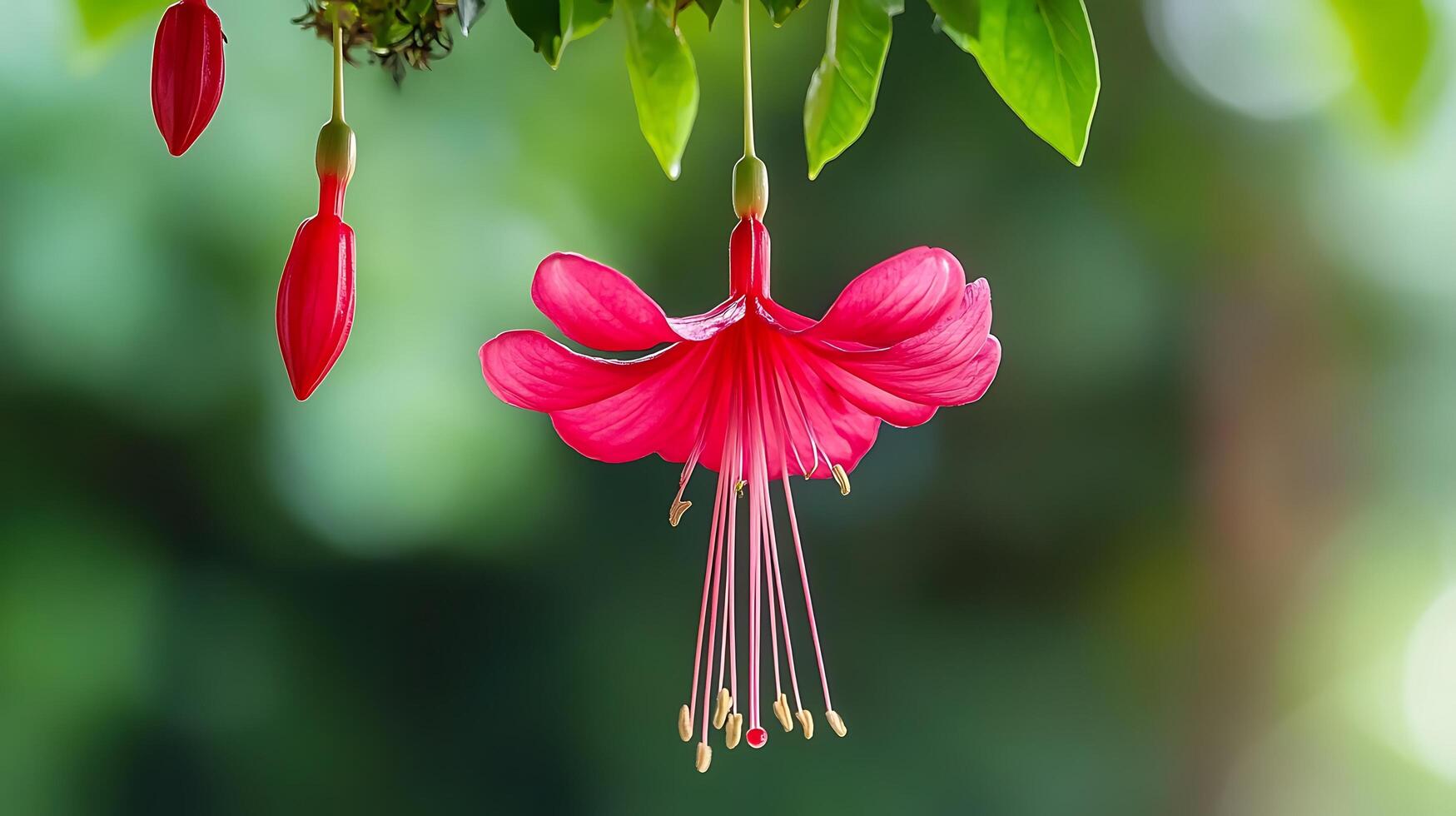 A red flower hanging from a tree photo